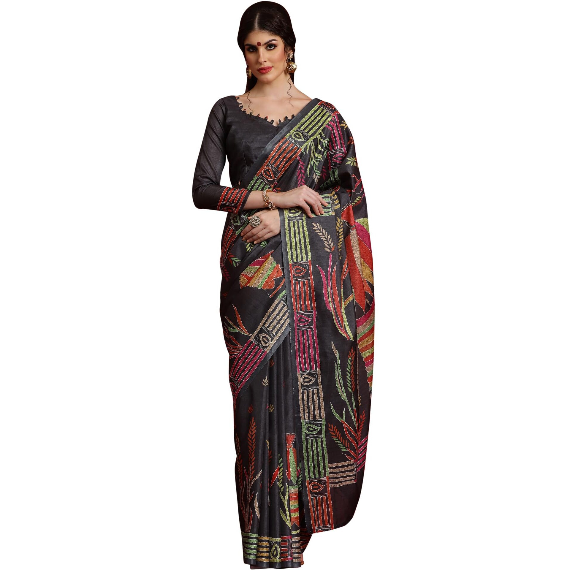 AKHILAM Womens Manipuri Silk Ethnic Motif Saree With Unstitched Blouse Piece(Black_KNTHAC1002_HS)