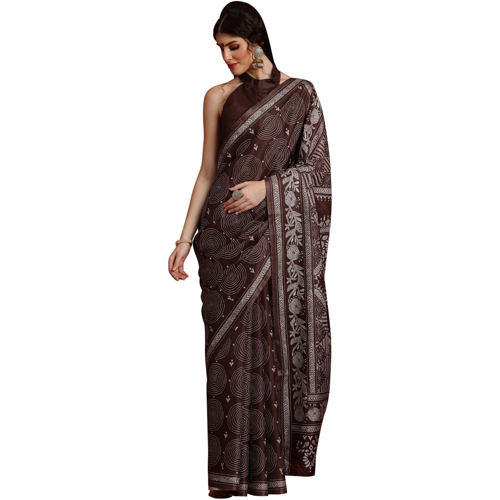 AKHILAM Womens Manipuri Silk Ethnic Motif Saree With Unstitched Blouse Piece(Brown_KNTHAC1007_HS)