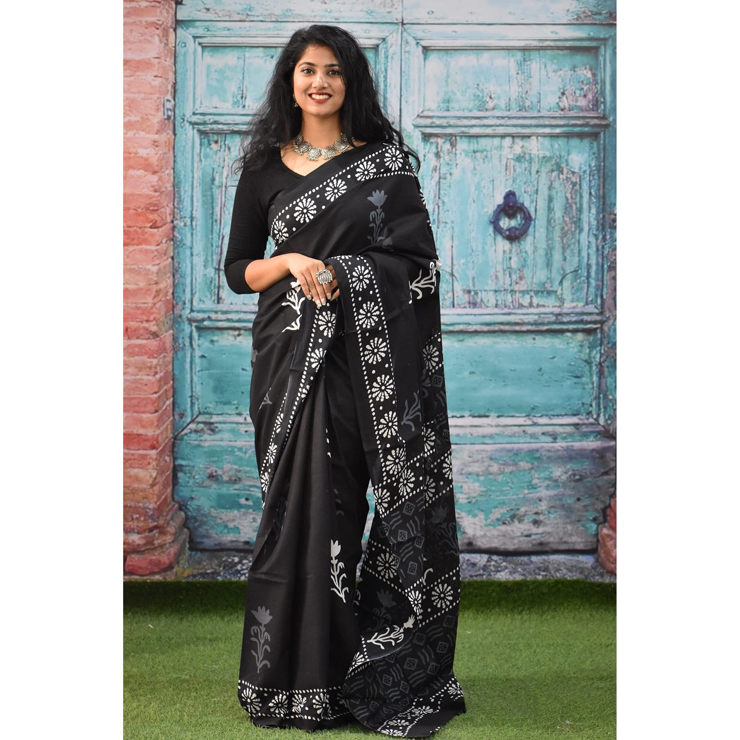 Kiaaron Womens Ikat Hand Block Print Jaipuri Cotton Mulmul Saree with Blouse Piece - Black_012