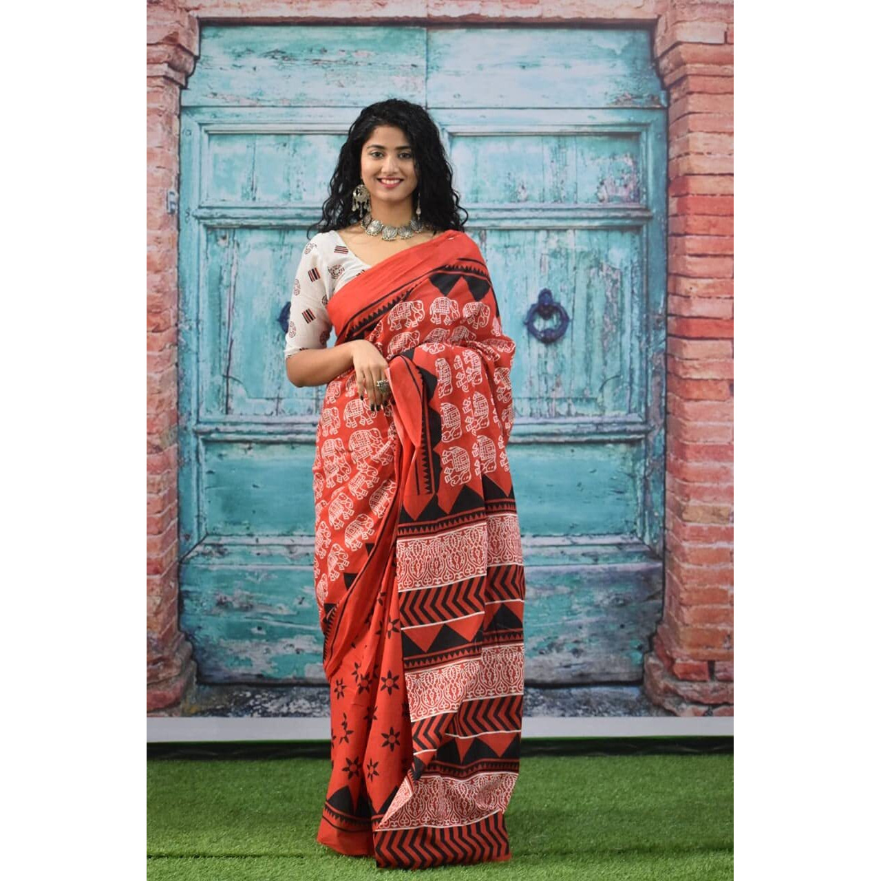 Kiaaron Womens Ikat Hand Block Print Jaipuri Cotton Mulmul Saree with Blouse Piece -Black_Kia36