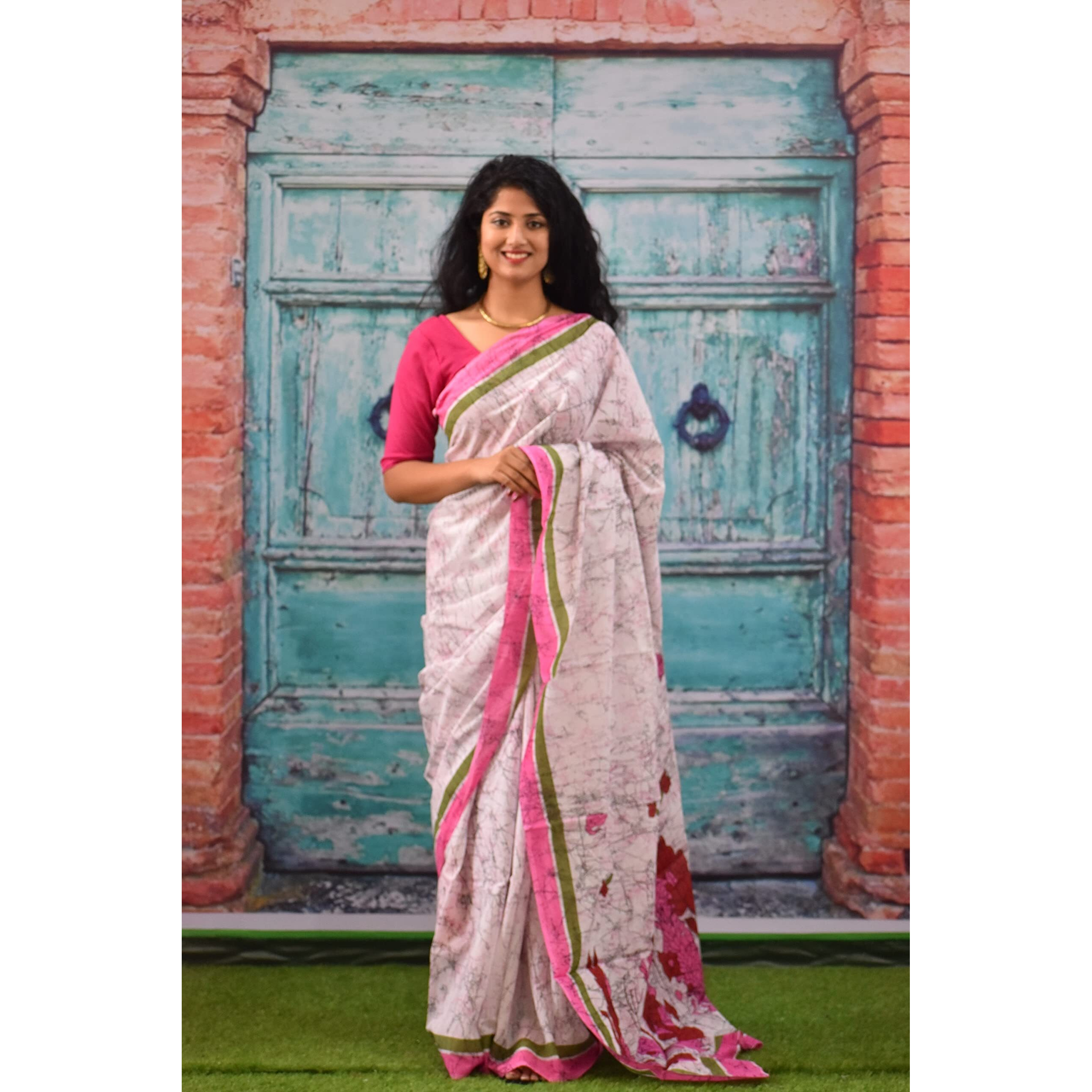 Kiaaron Womens Ikat Hand Block Print Jaipuri Cotton Mulmul Saree with Blouse Piece - Pink_327