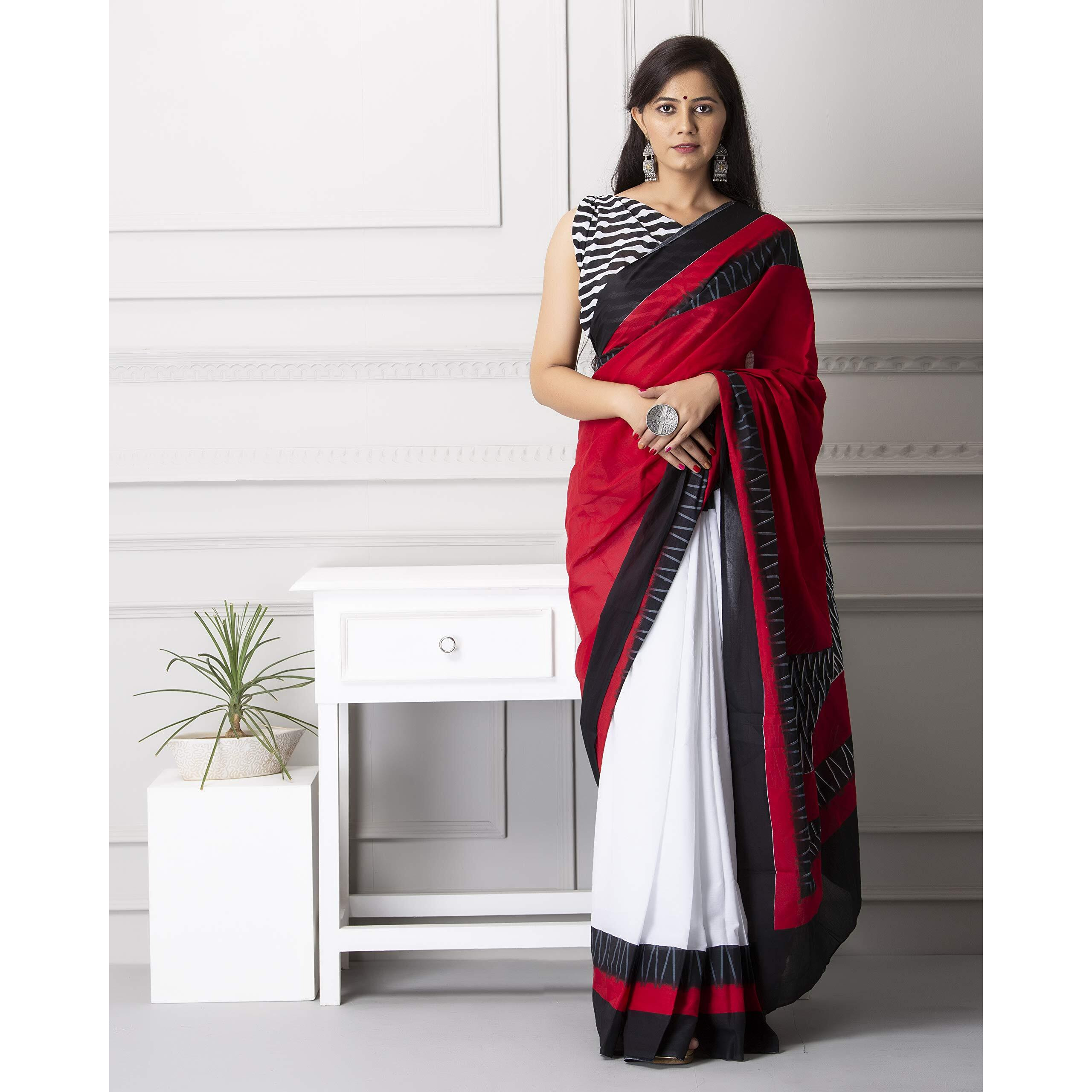 Kiaaron Womens Hand Block Kalamkari Batik Bagru Jaipuri Ikat Printed Handloom Pure Cotton Mulmul Traditional Ethnic Cotton Sarees With Printed Blouse Piece - White_Red