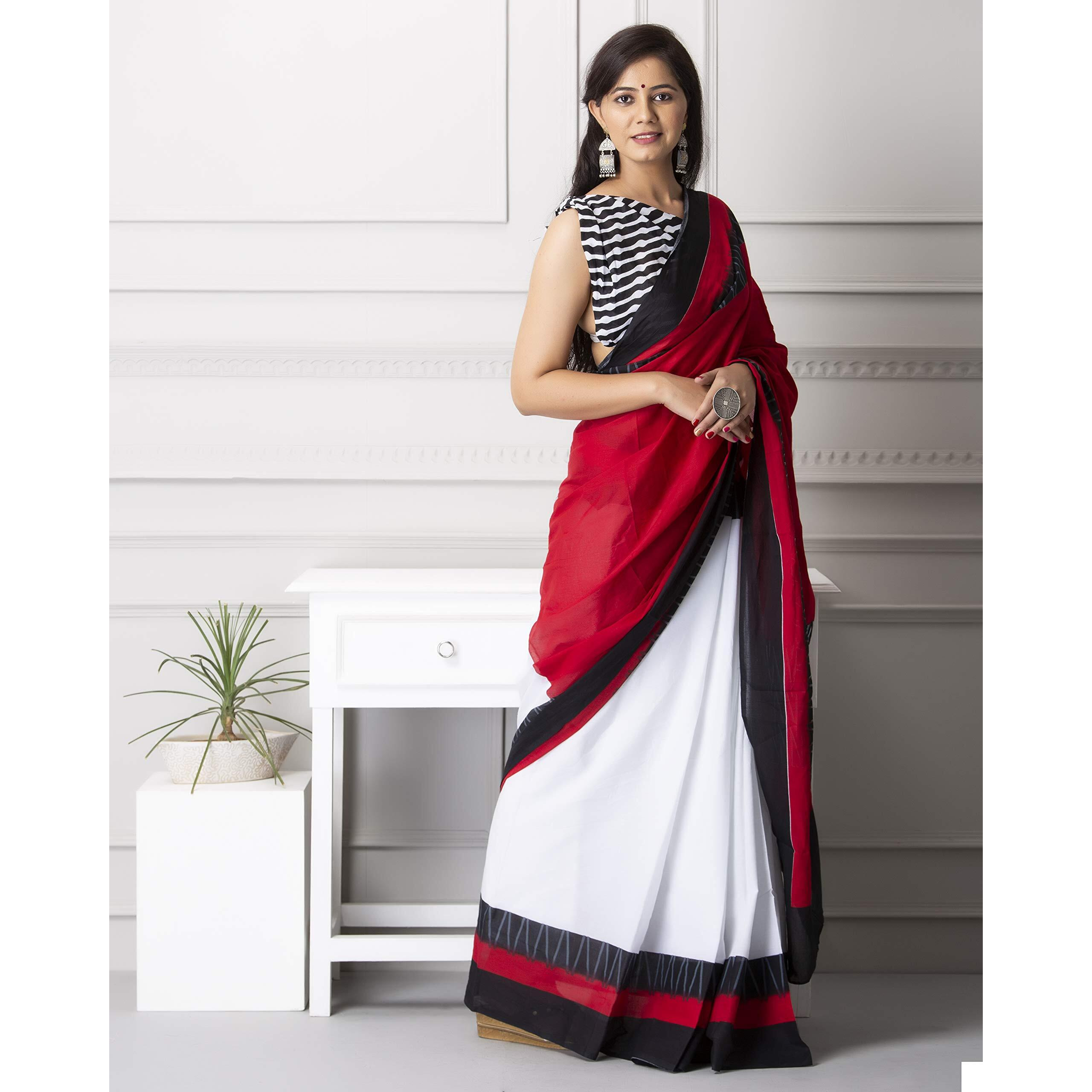 Kiaaron Womens Hand Block Kalamkari Batik Bagru Jaipuri Ikat Printed Handloom Pure Cotton Mulmul Traditional Ethnic Cotton Sarees With Printed Blouse Piece - White_Red