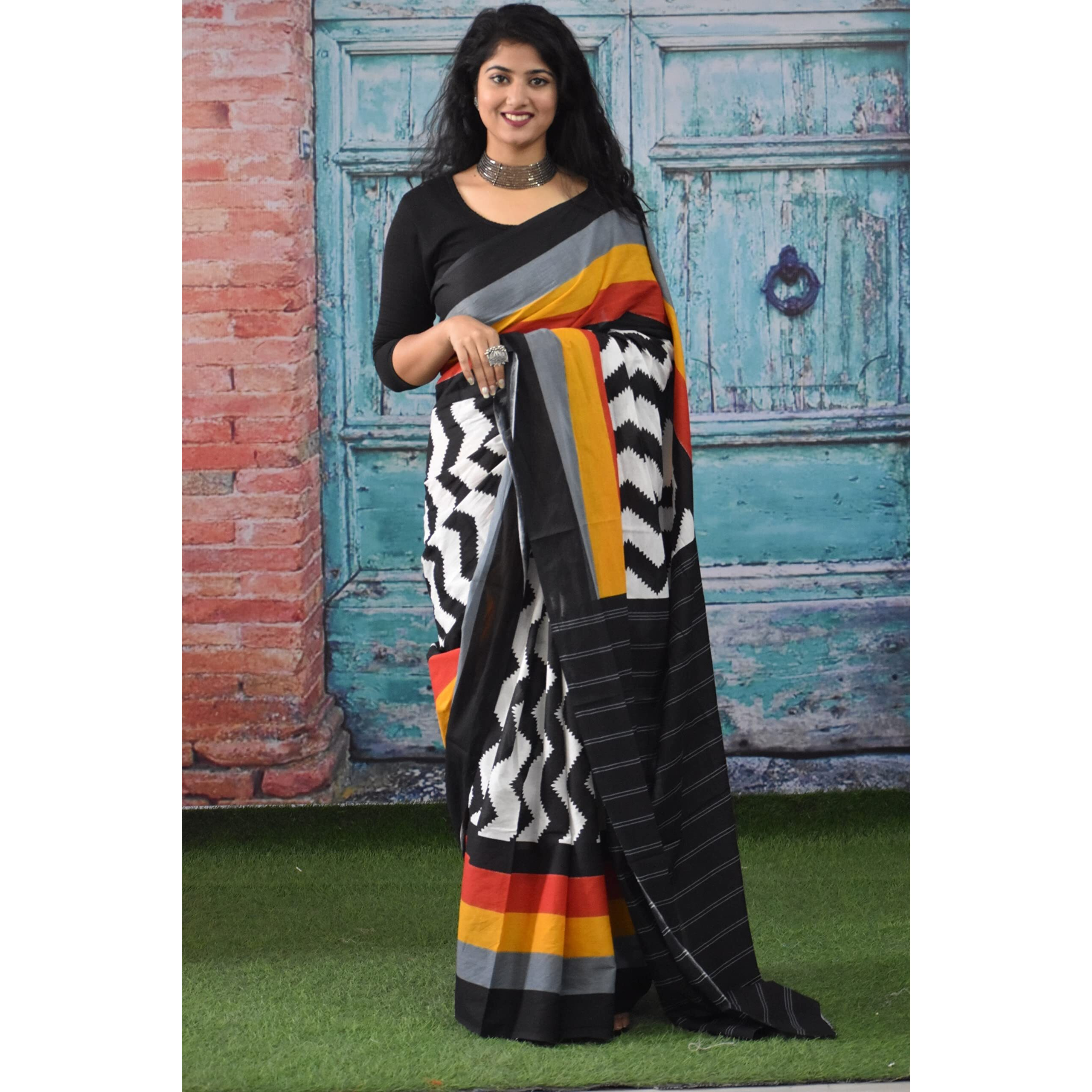 Kiaaron Womens Ikat Hand Block Print Jaipuri Cotton Mulmul Saree with Blouse Piece - Black_323