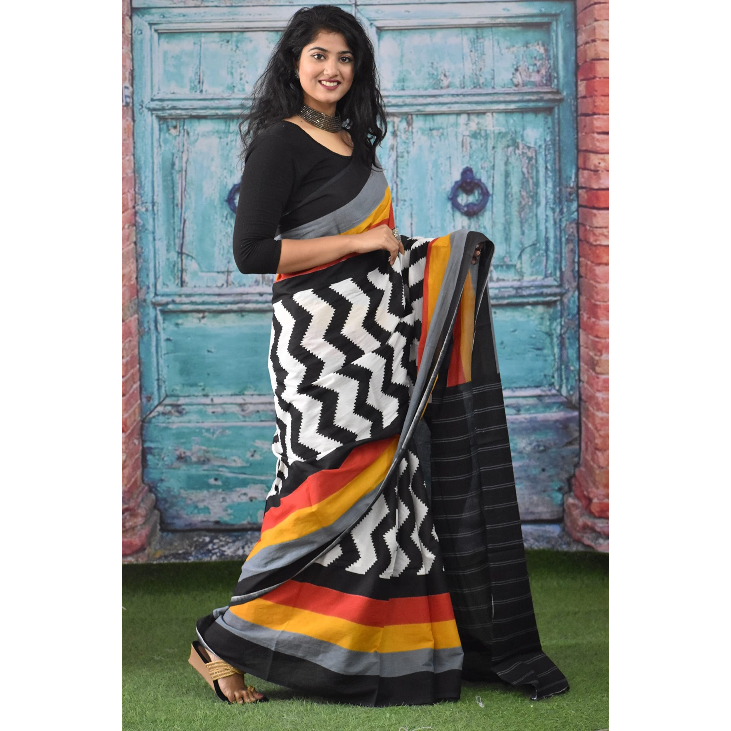 Kiaaron Womens Ikat Hand Block Print Jaipuri Cotton Mulmul Saree with Blouse Piece - Black_323