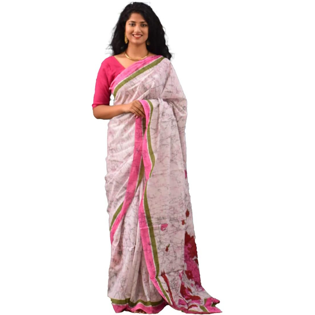 Kiaaron Womens Hand Block Kalamkari Batik Bagru Jaipuri Ikat Printed Handloom Pure Cotton Mulmul Traditional Ethnic Cotton Sarees With Printed Blouse Piece - White_Pink
