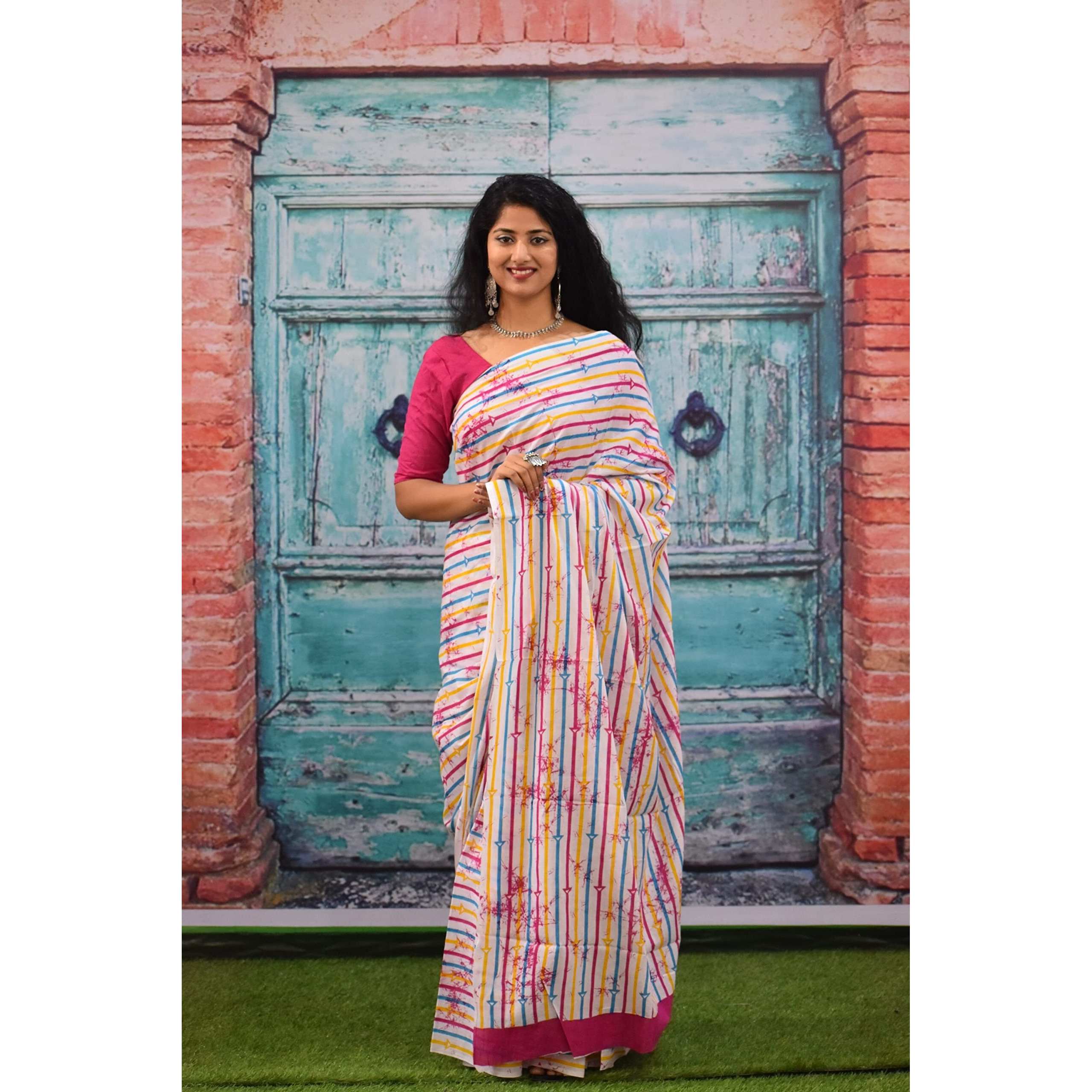 Kiaaron Womens Ikat Hand Block Print Jaipuri Cotton Mulmul Saree with Blouse Piece - White_329
