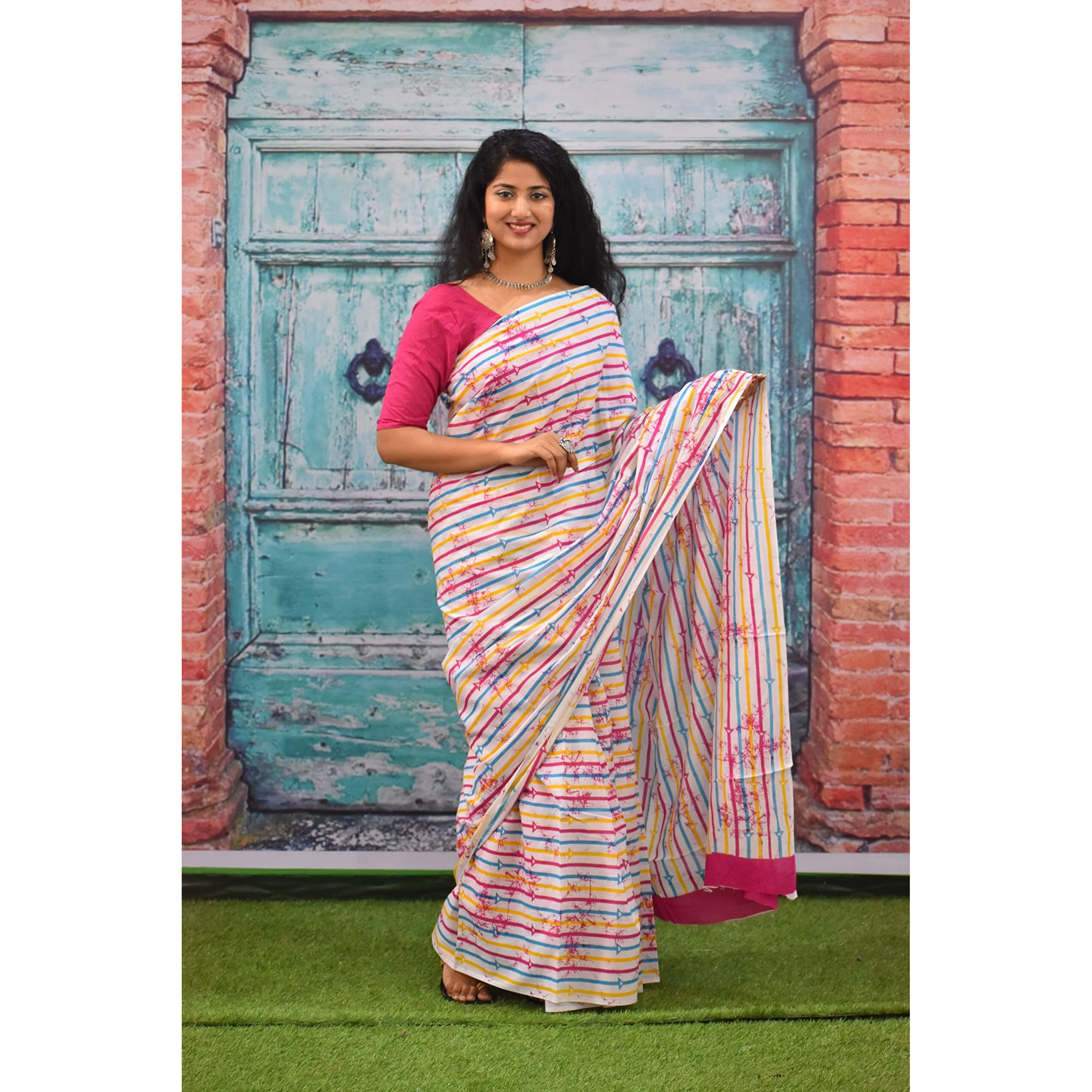 Kiaaron Womens Ikat Hand Block Print Jaipuri Cotton Mulmul Saree with Blouse Piece - White_329