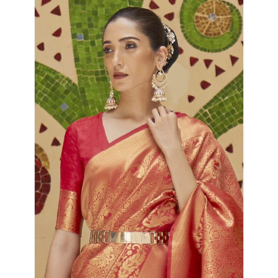 AKHILAM Womens Banarasi Silk Woven Design Saree with Unstitched Blouse Piece(Red_KINKB198006)