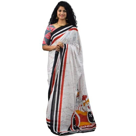 Kiaaron Womens Ikat Hand Block Print Jaipuri Cotton Mulmul Saree with Blouse Piece - White_328