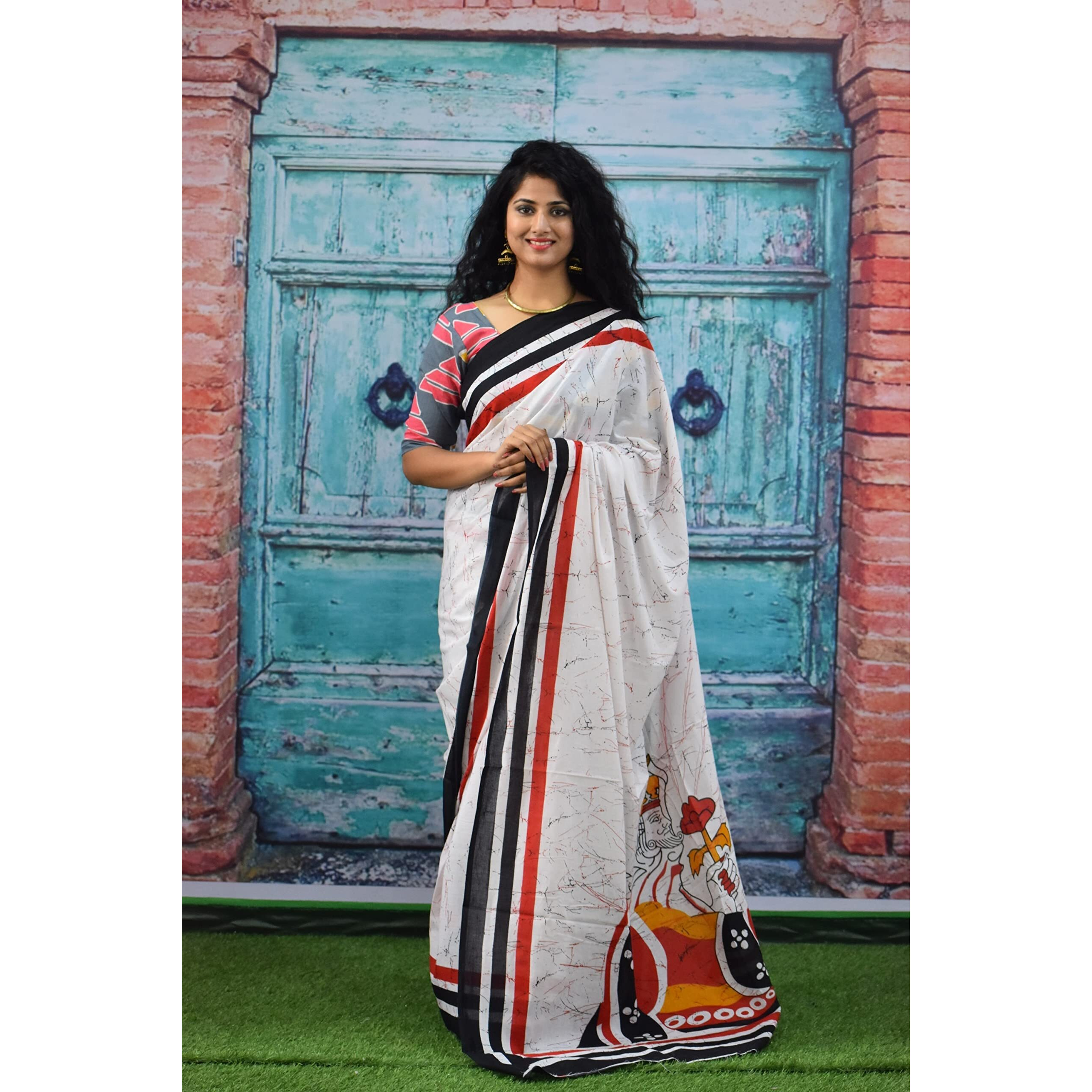 Kiaaron Womens Ikat Hand Block Print Jaipuri Cotton Mulmul Saree with Blouse Piece - White_328