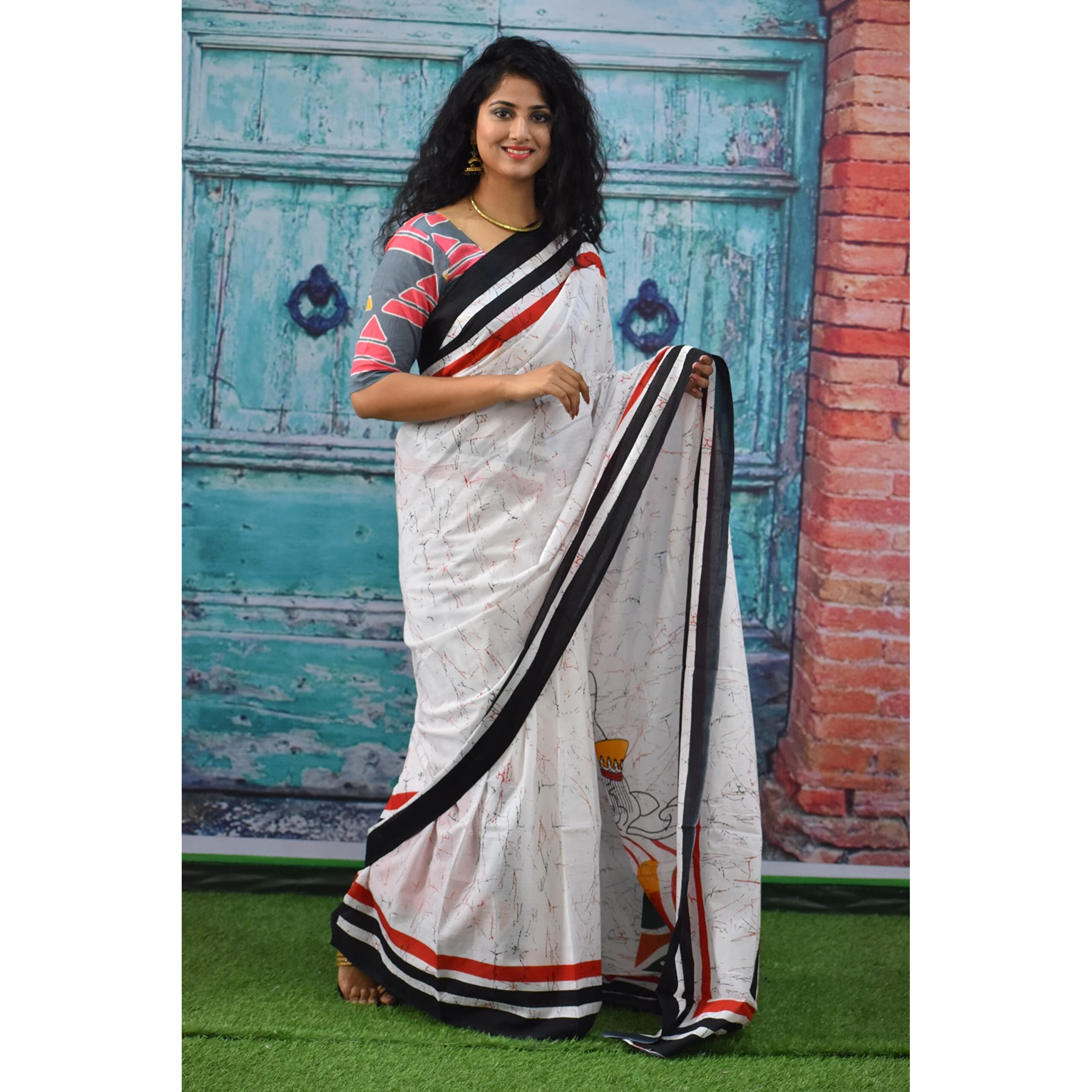 Kiaaron Womens Ikat Hand Block Print Jaipuri Cotton Mulmul Saree with Blouse Piece - White_328
