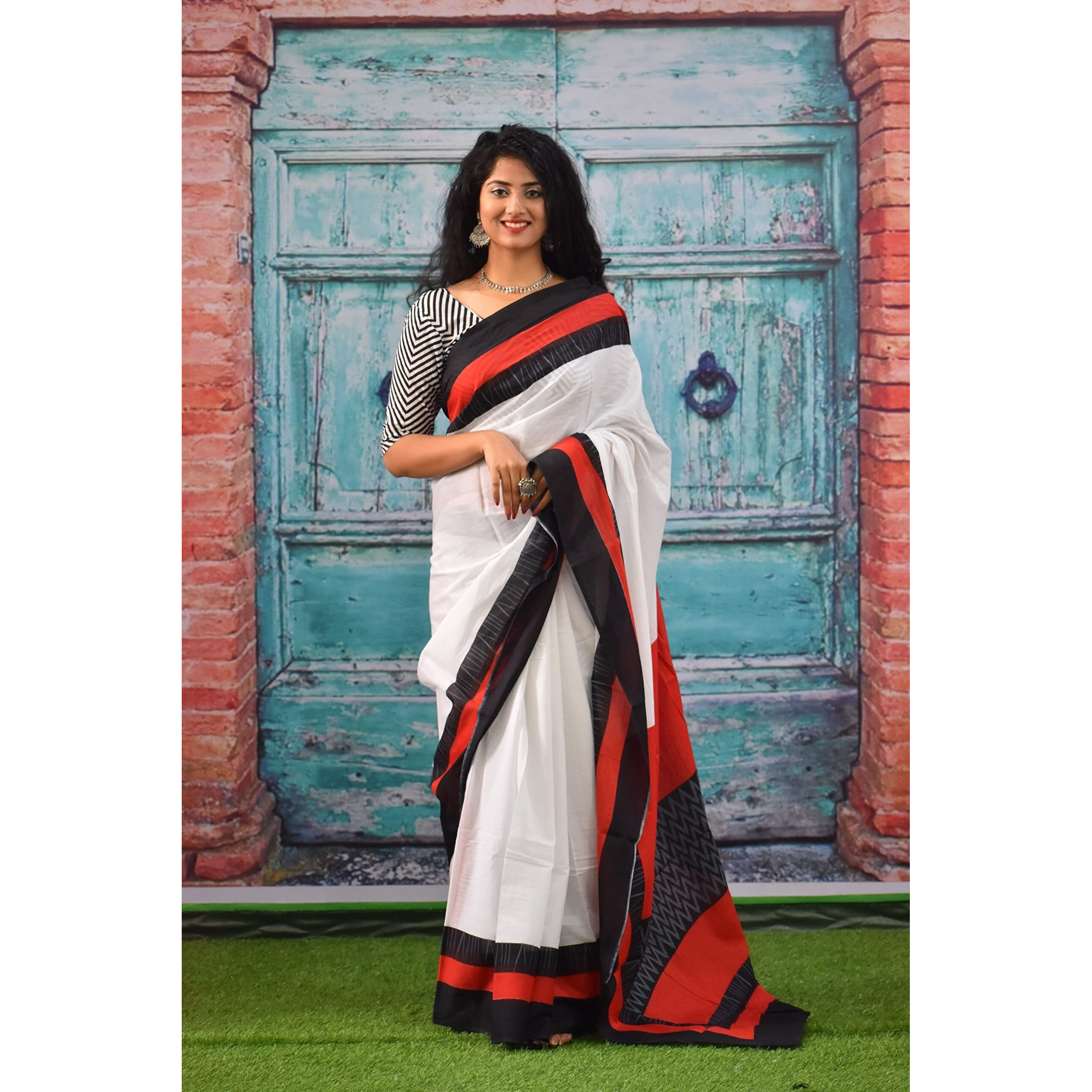 Kiaaron Womens Ikat Hand Block Print Jaipuri Cotton Mulmul Saree with Blouse Piece - White_326