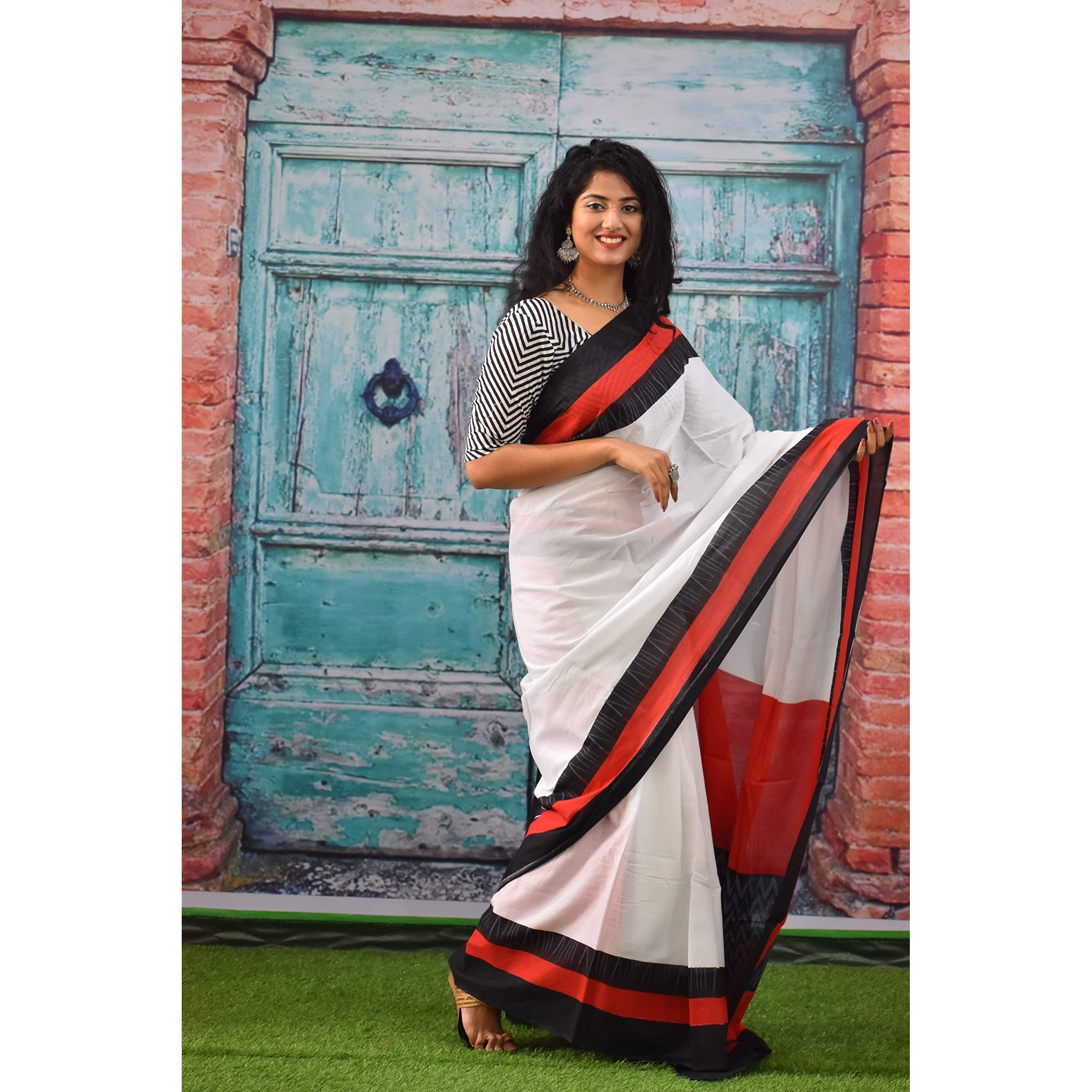 Kiaaron Womens Ikat Hand Block Print Jaipuri Cotton Mulmul Saree with Blouse Piece - White_326