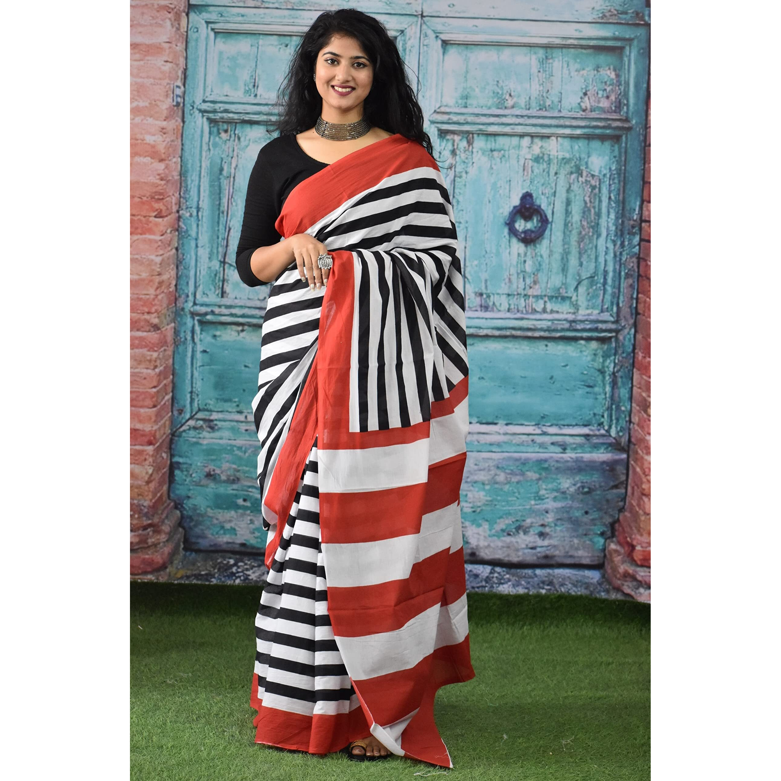 Kiaaron Womens Ikat Hand Block Print Jaipuri Cotton Mulmul Saree with Blouse Piece - White_324