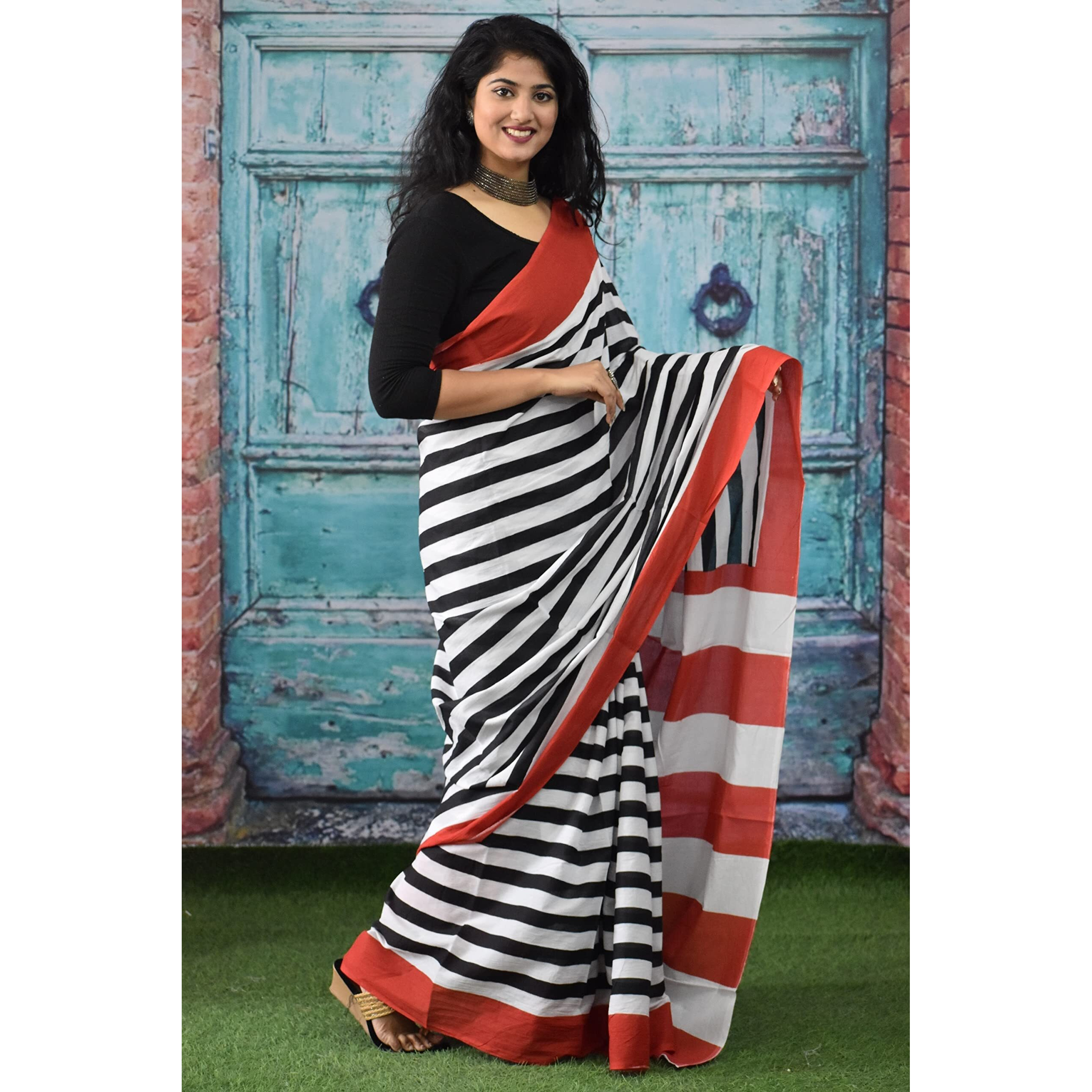 Kiaaron Womens Ikat Hand Block Print Jaipuri Cotton Mulmul Saree with Blouse Piece - White_324