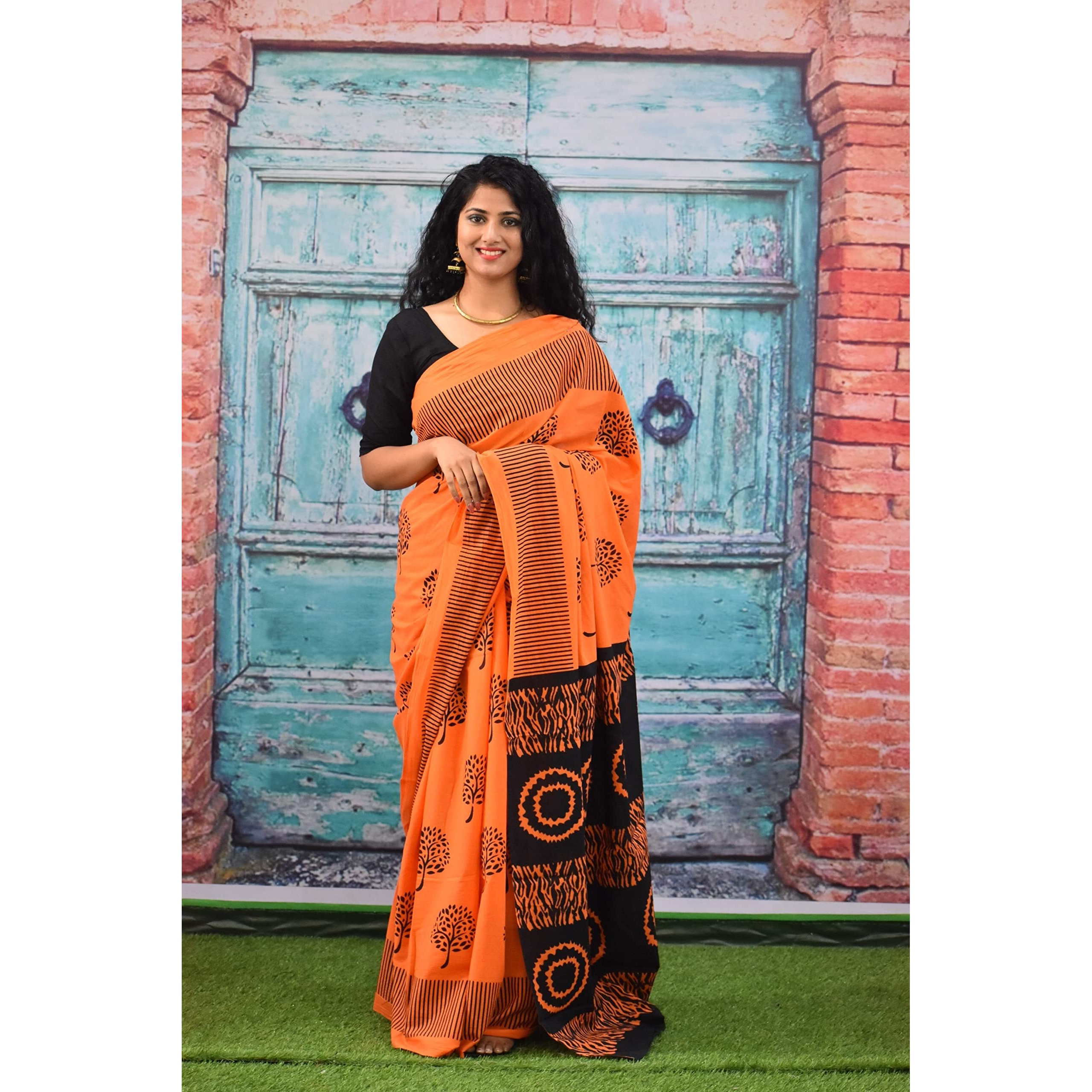 Kiaaron Womens Ikat Hand Block Print Jaipuri Cotton Mulmul Saree with Blouse Piece - Orange_95