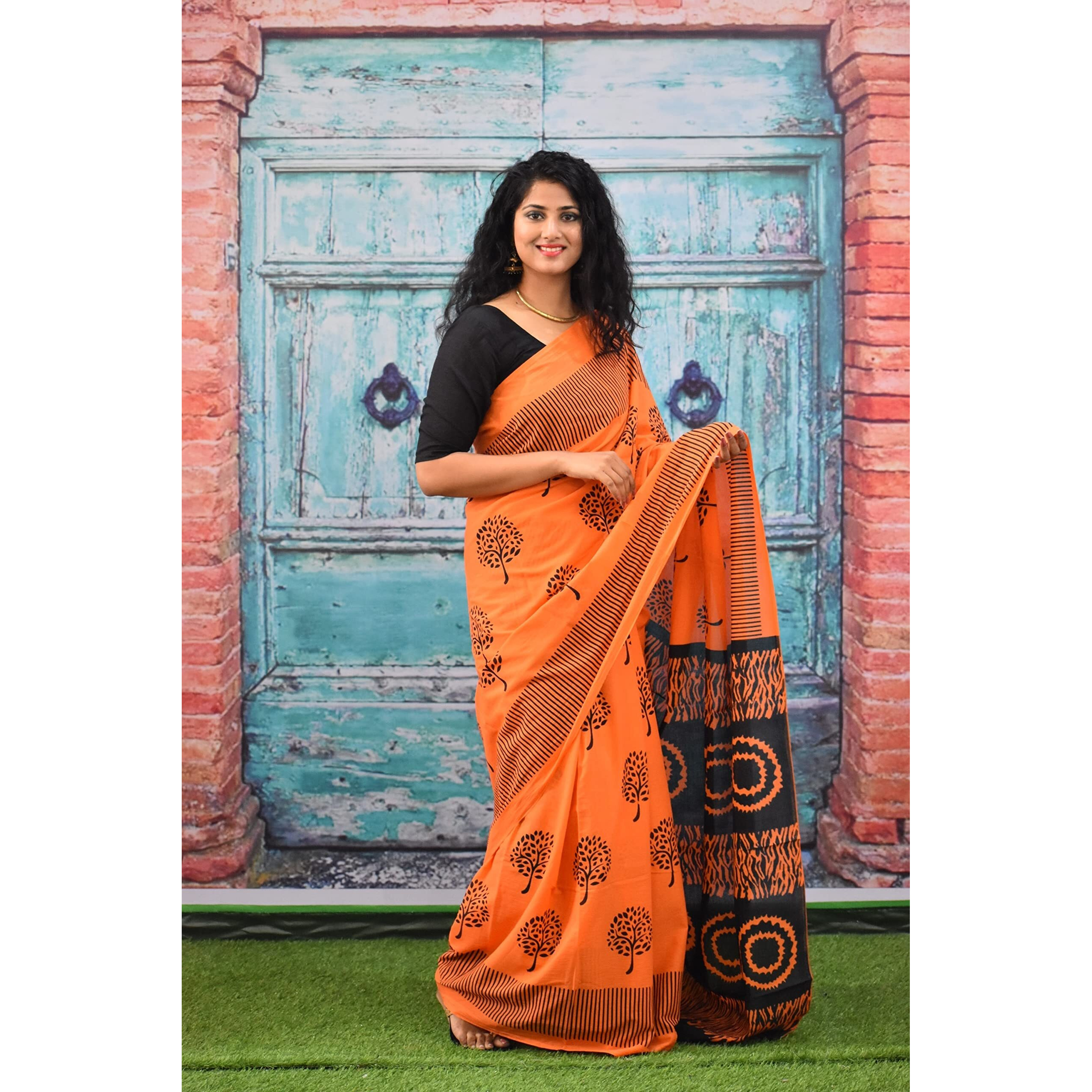 Kiaaron Womens Ikat Hand Block Print Jaipuri Cotton Mulmul Saree with Blouse Piece - Orange_95