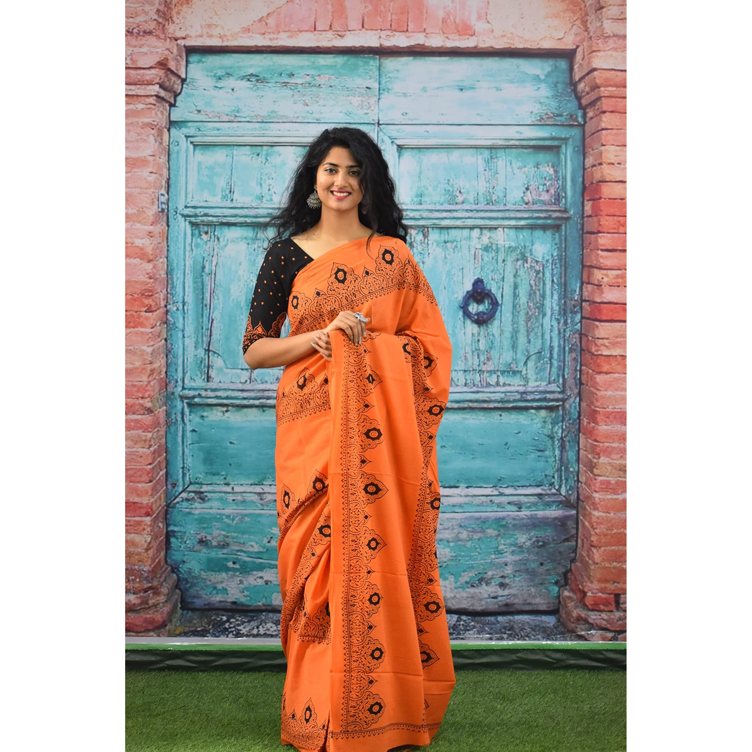 Kiaaron Womens Ikat Hand Block Print Jaipuri Cotton Mulmul Saree with Blouse Piece - Orange_89