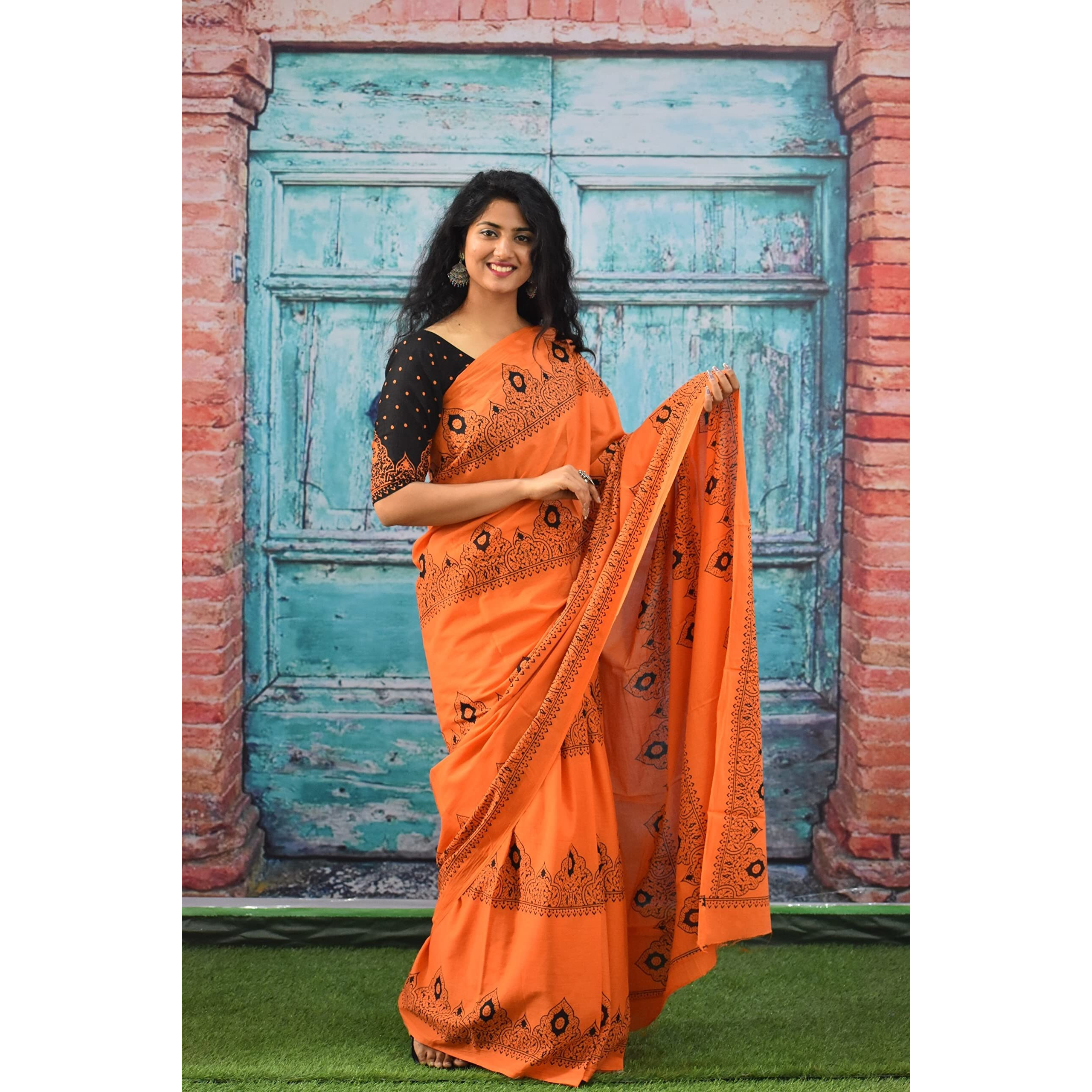 Kiaaron Womens Ikat Hand Block Print Jaipuri Cotton Mulmul Saree with Blouse Piece - Orange_89