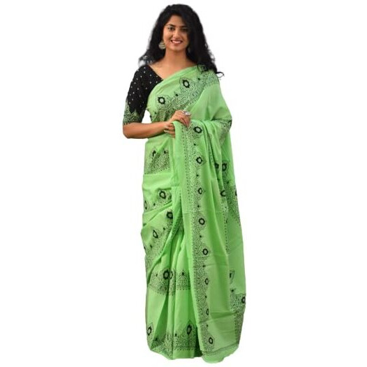 Kiaaron Womens Ikat Hand Block Print Jaipuri Cotton Mulmul Saree with Blouse Piece - Green_90