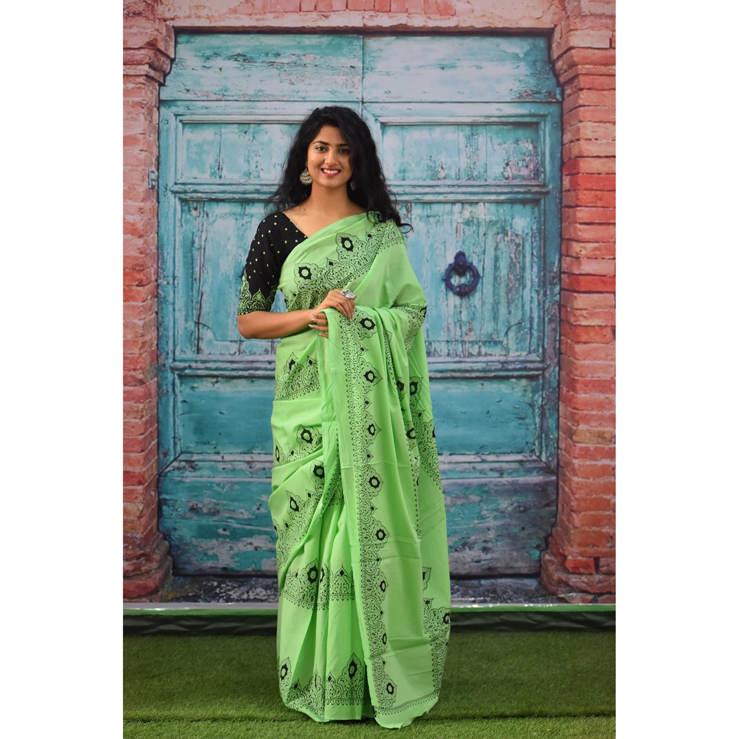 Kiaaron Womens Ikat Hand Block Print Jaipuri Cotton Mulmul Saree with Blouse Piece - Green_90