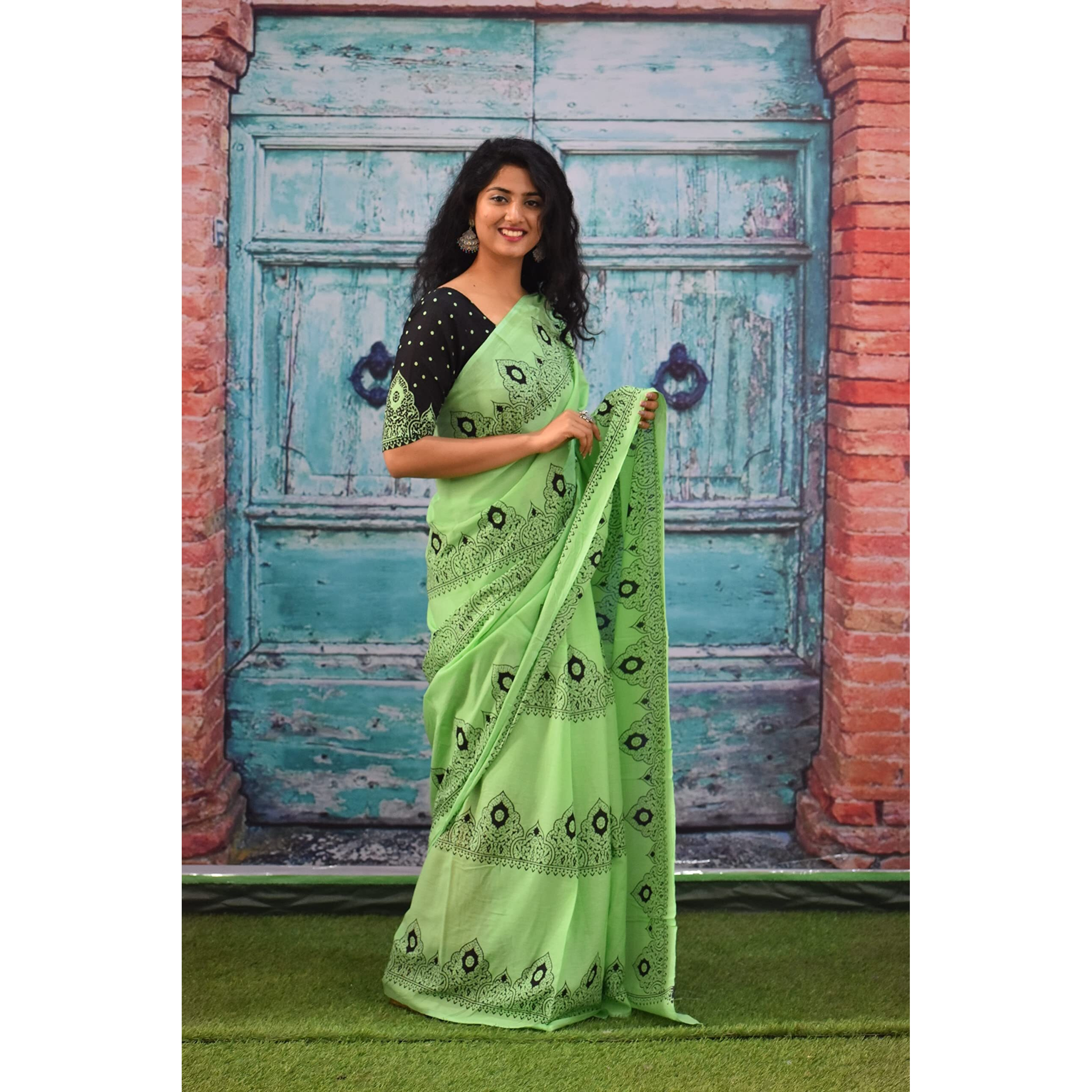 Kiaaron Womens Ikat Hand Block Print Jaipuri Cotton Mulmul Saree with Blouse Piece - Green_90