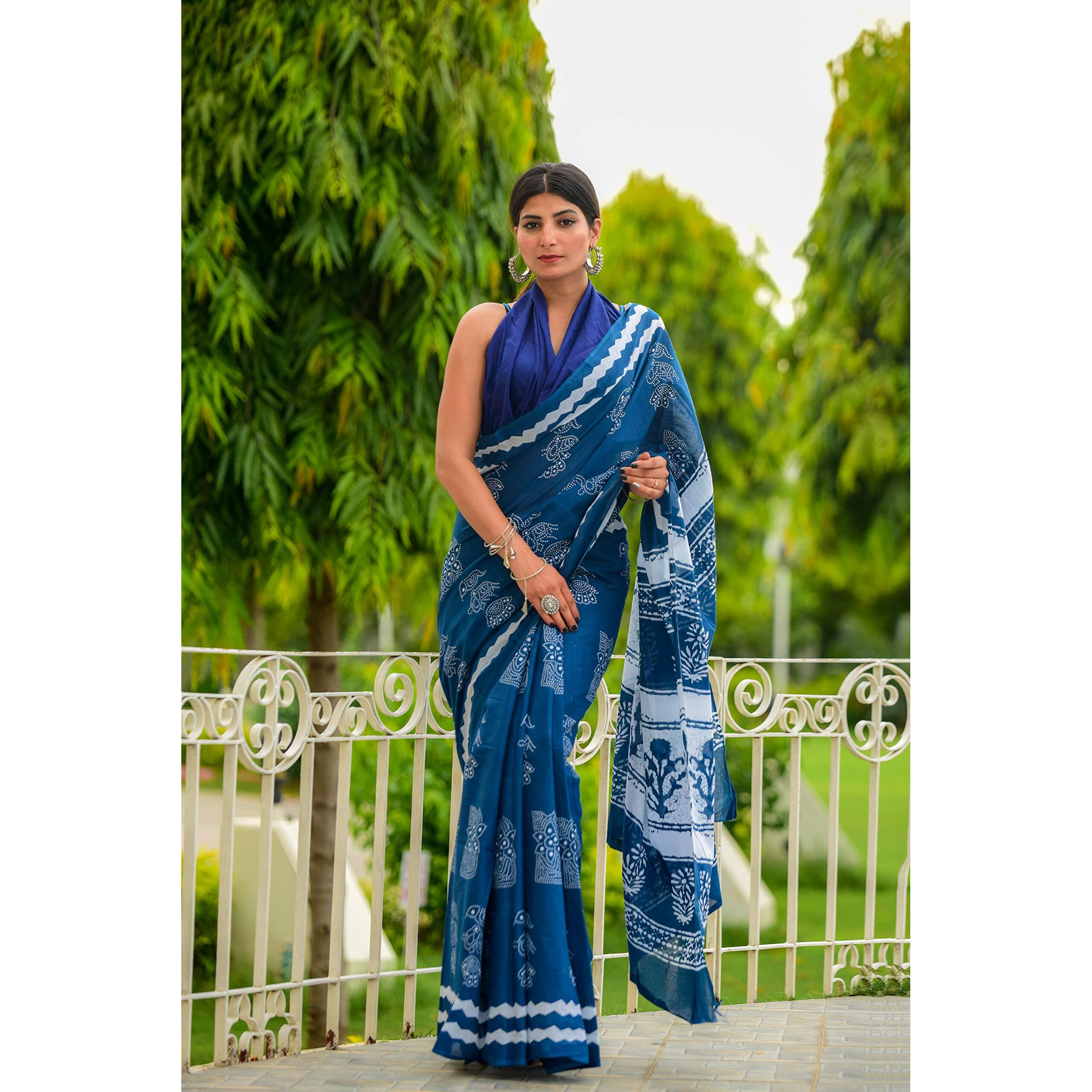 Kiaaron Womens Ikat Hand Block Print Jaipuri Cotton Mulmul Saree with Blouse Piece -Blue_Shiv678
