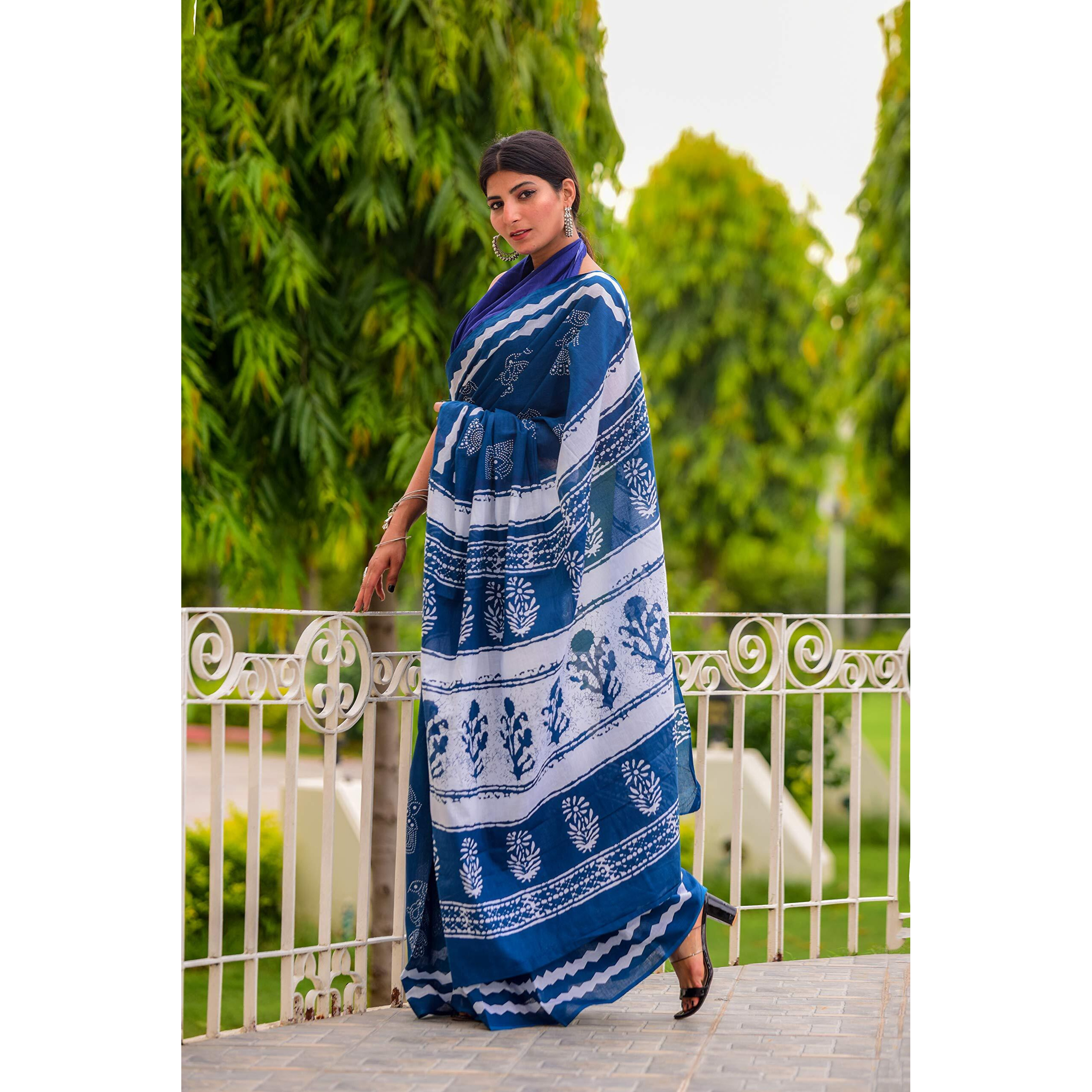 Kiaaron Womens Ikat Hand Block Print Jaipuri Cotton Mulmul Saree with Blouse Piece -Blue_Shiv678