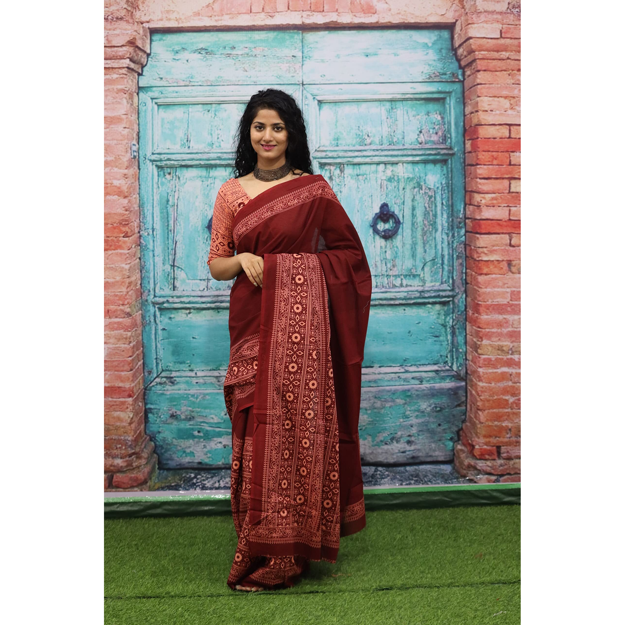 Kiaaron Womens Ikat Hand Block Print Jaipuri Cotton Mulmul Saree with Blouse Piece - Maroon_91