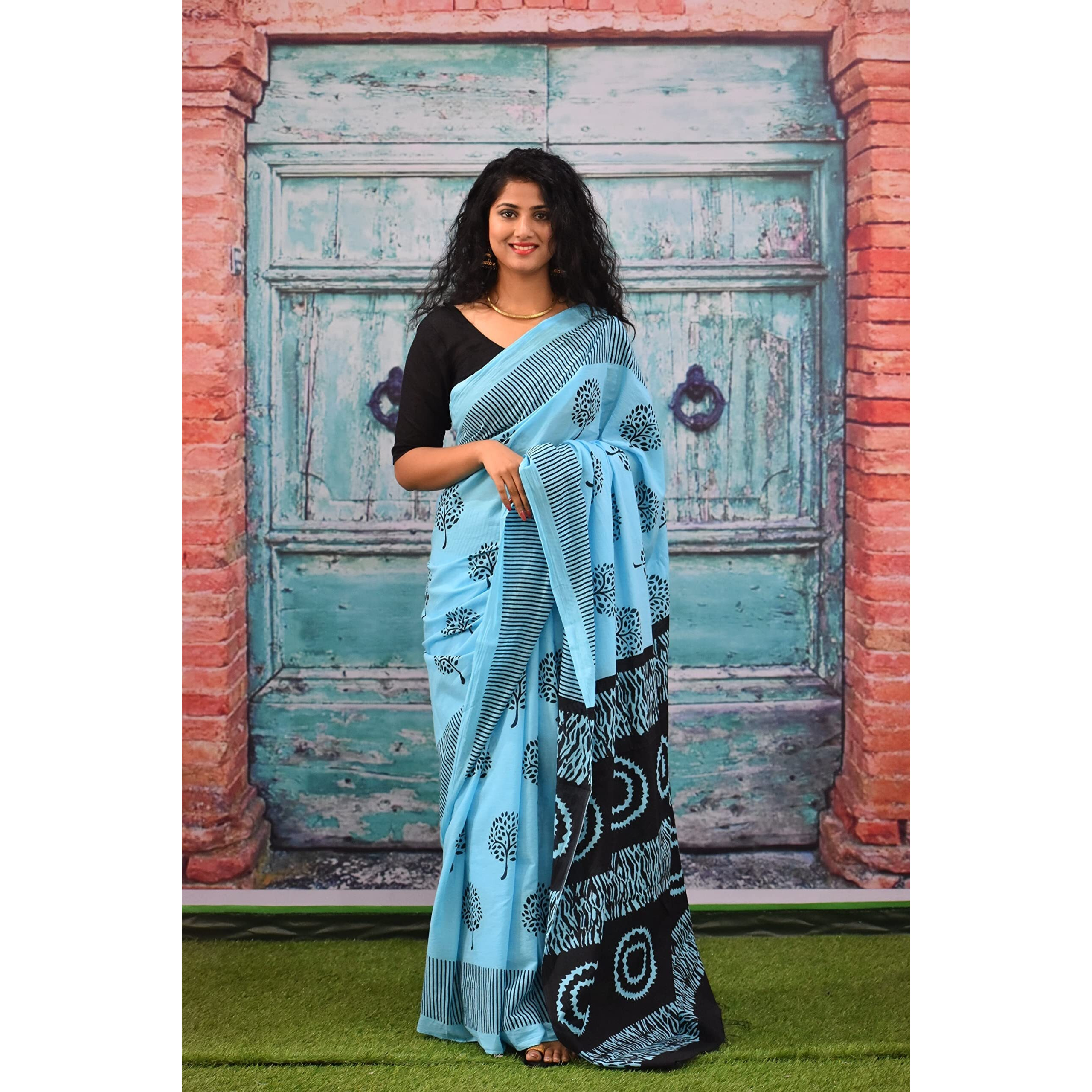 Kiaaron Womens Ikat Hand Block Print Jaipuri Cotton Mulmul Saree with Blouse Piece - Turquiose_93
