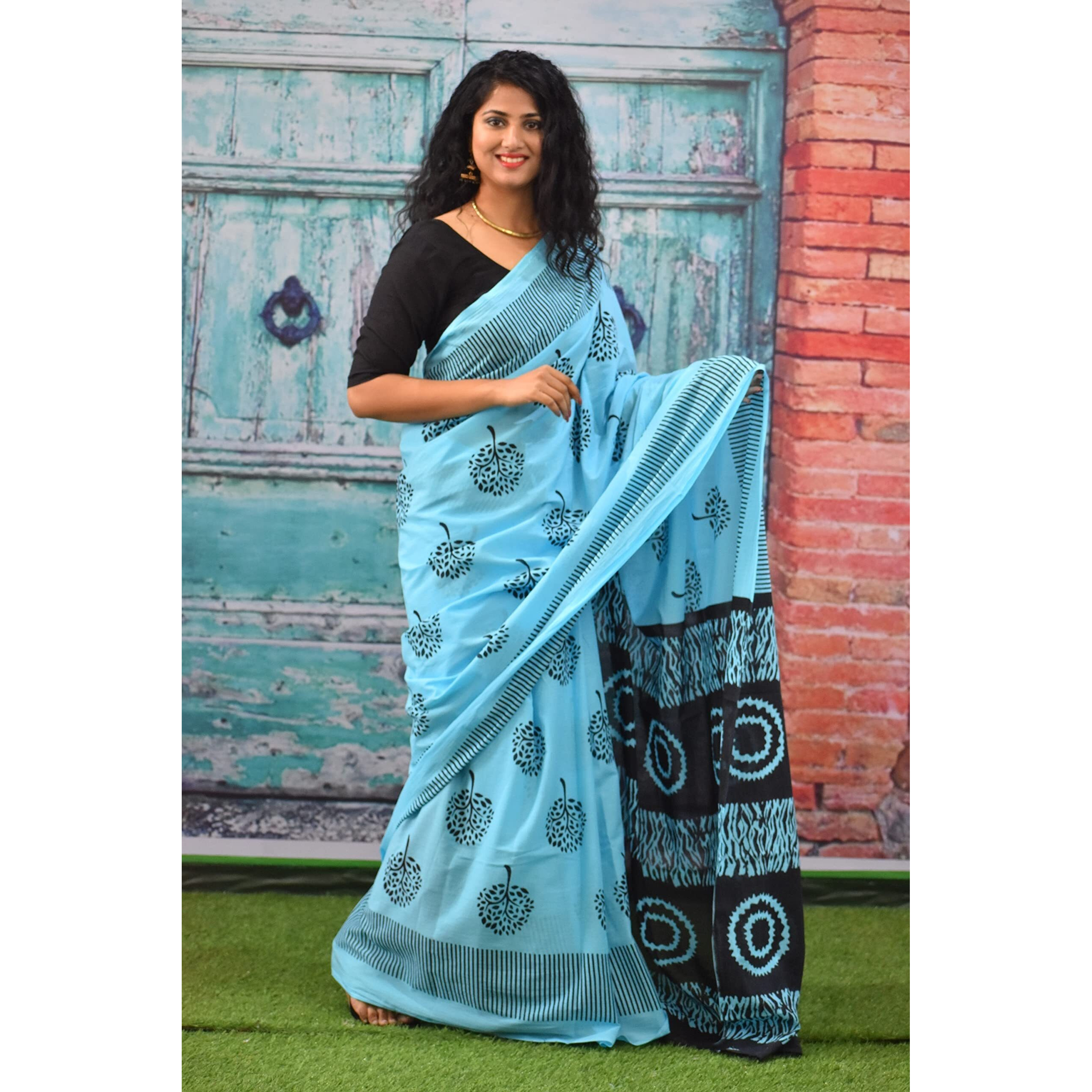 Kiaaron Womens Ikat Hand Block Print Jaipuri Cotton Mulmul Saree with Blouse Piece - Turquiose_93
