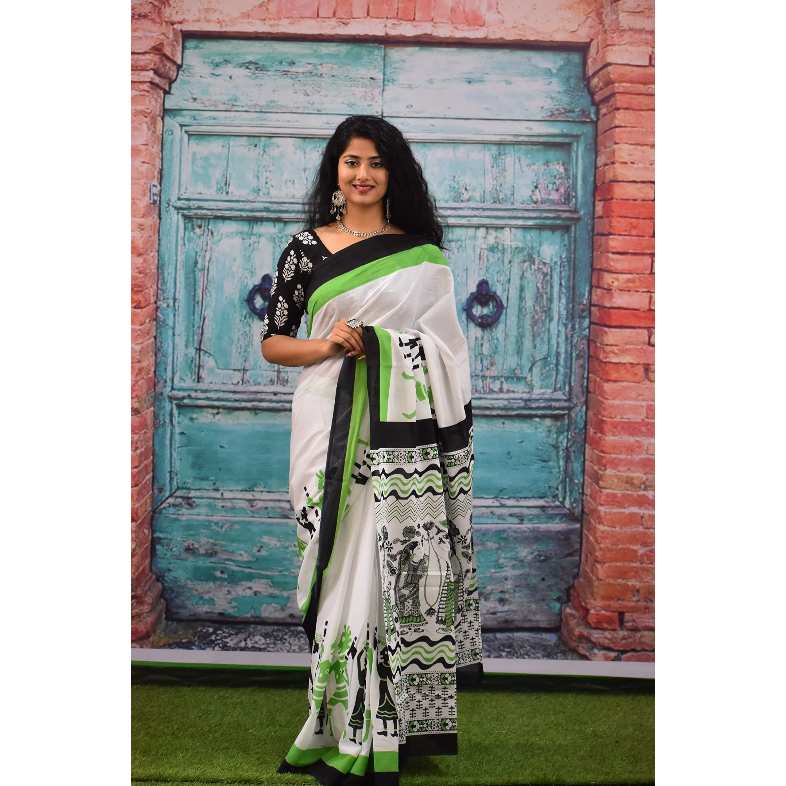 Kiaaron Womens Ikat Hand Block Print Jaipuri Cotton Mulmul Saree with Blouse Piece - Green_149