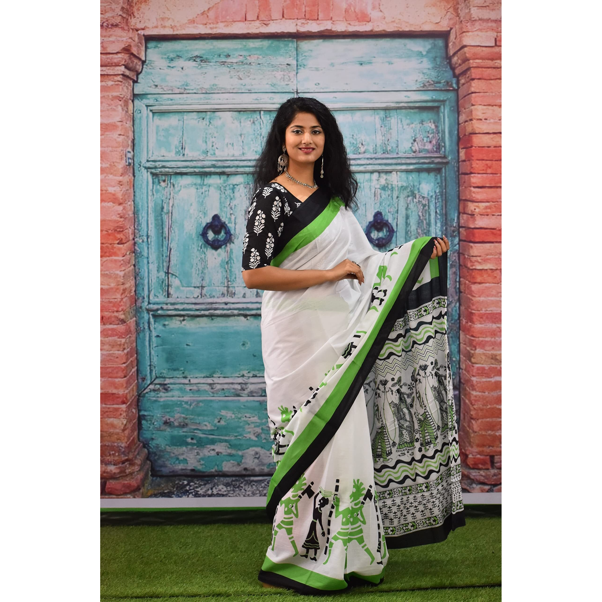 Kiaaron Womens Ikat Hand Block Print Jaipuri Cotton Mulmul Saree with Blouse Piece - Green_149