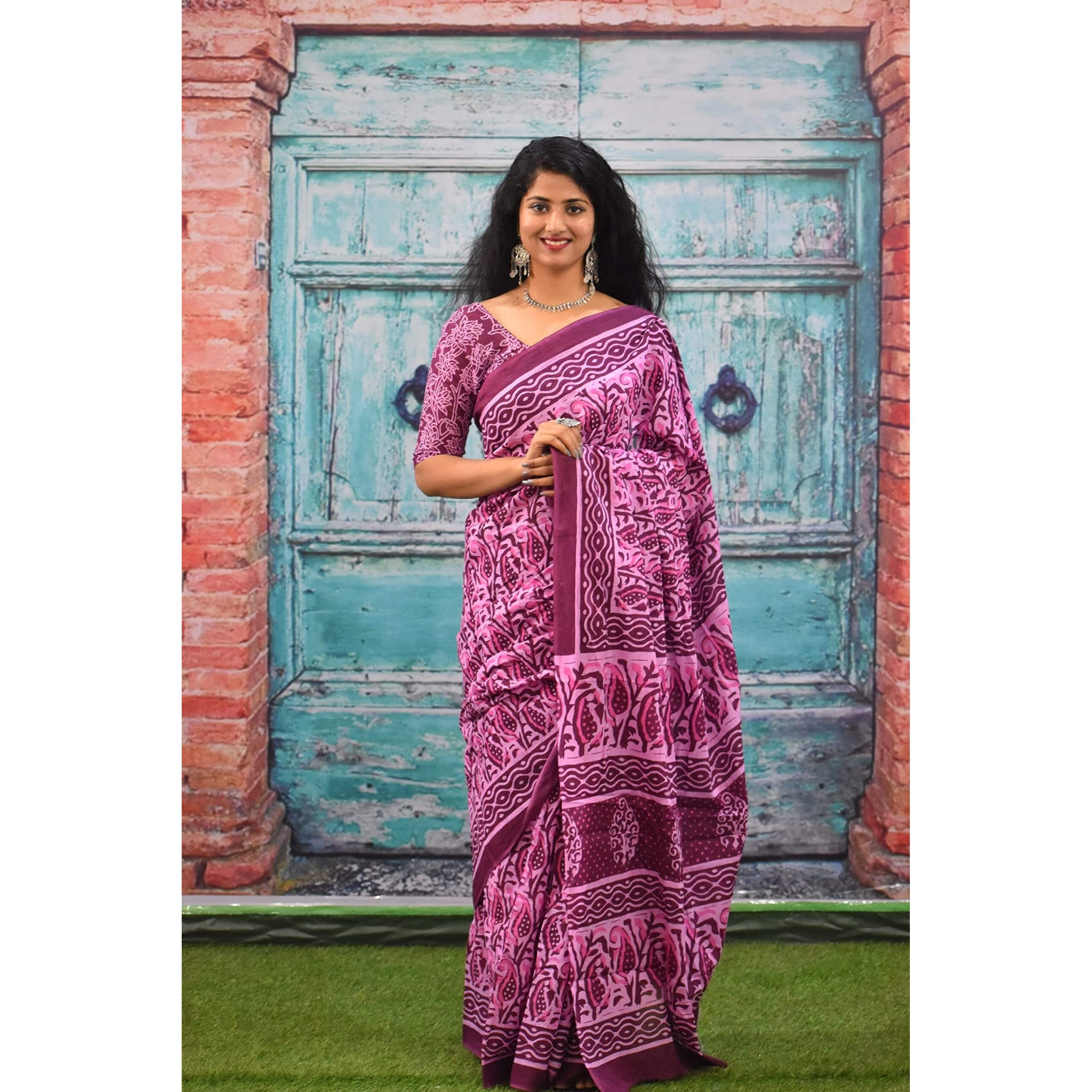 Kiaaron Womens Ikat Hand Block Print Jaipuri Cotton Mulmul Saree with Blouse Piece - Purple_145