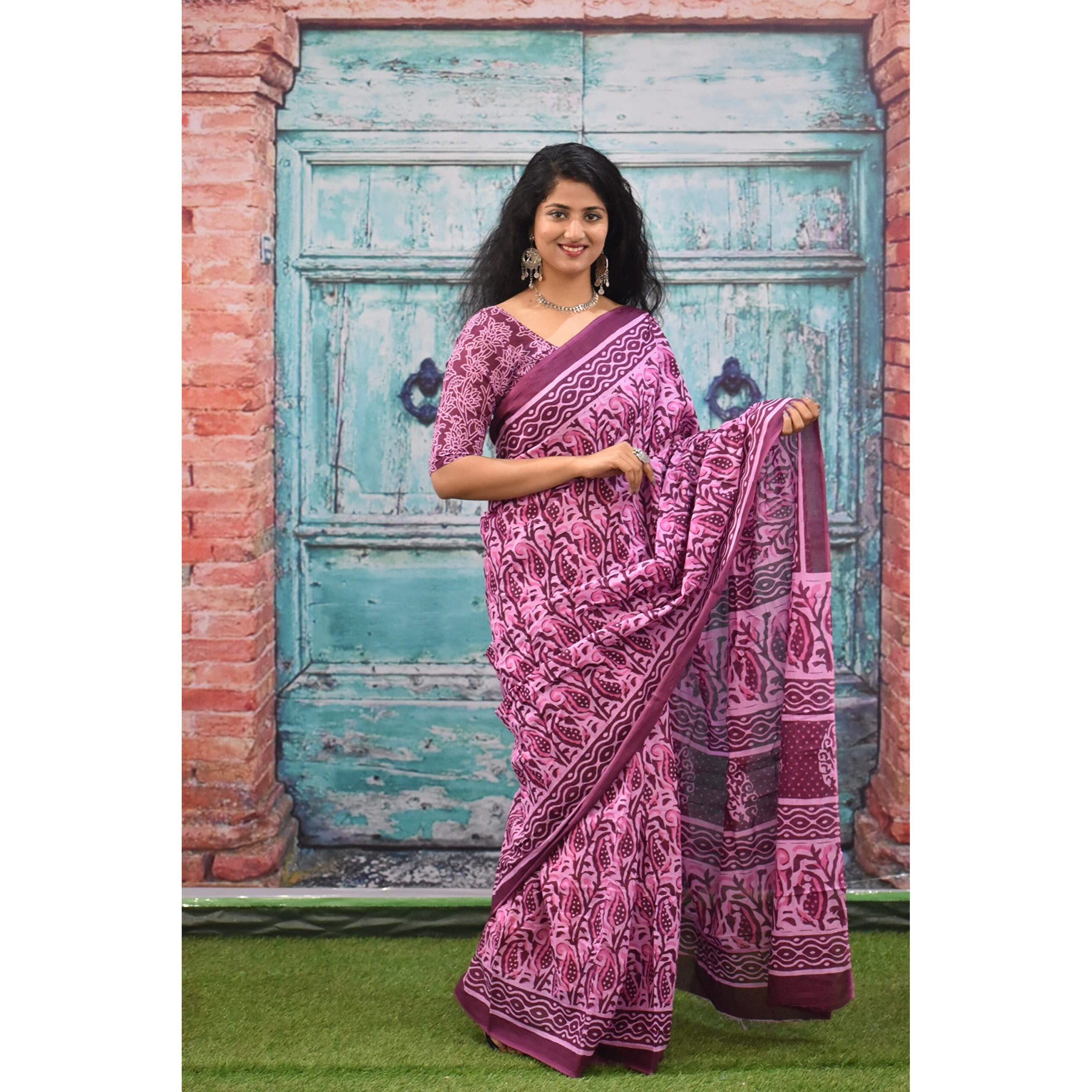 Kiaaron Womens Ikat Hand Block Print Jaipuri Cotton Mulmul Saree with Blouse Piece - Purple_145