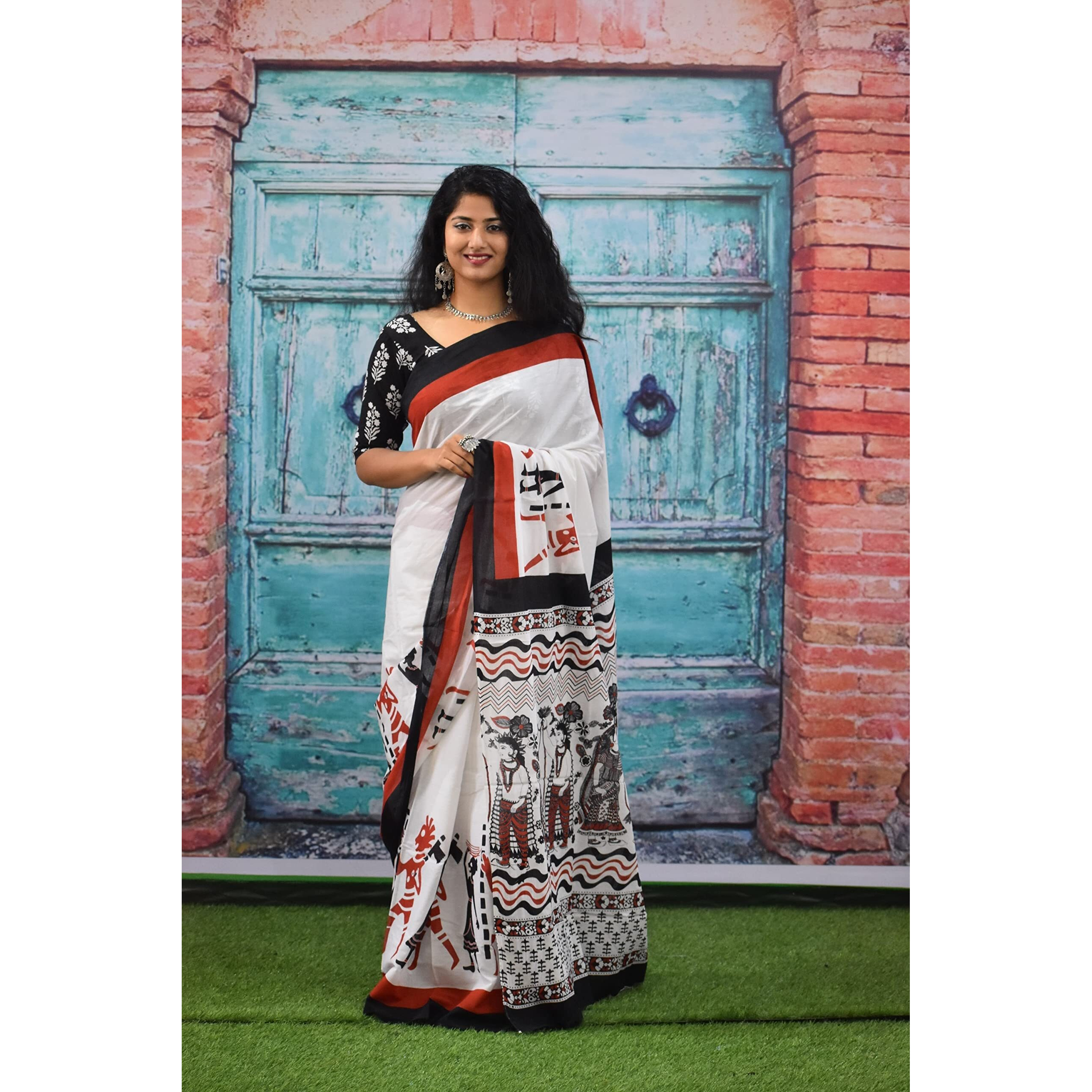 Kiaaron Womens Ikat Hand Block Print Jaipuri Cotton Mulmul Saree with Blouse Piece - Maroon_146