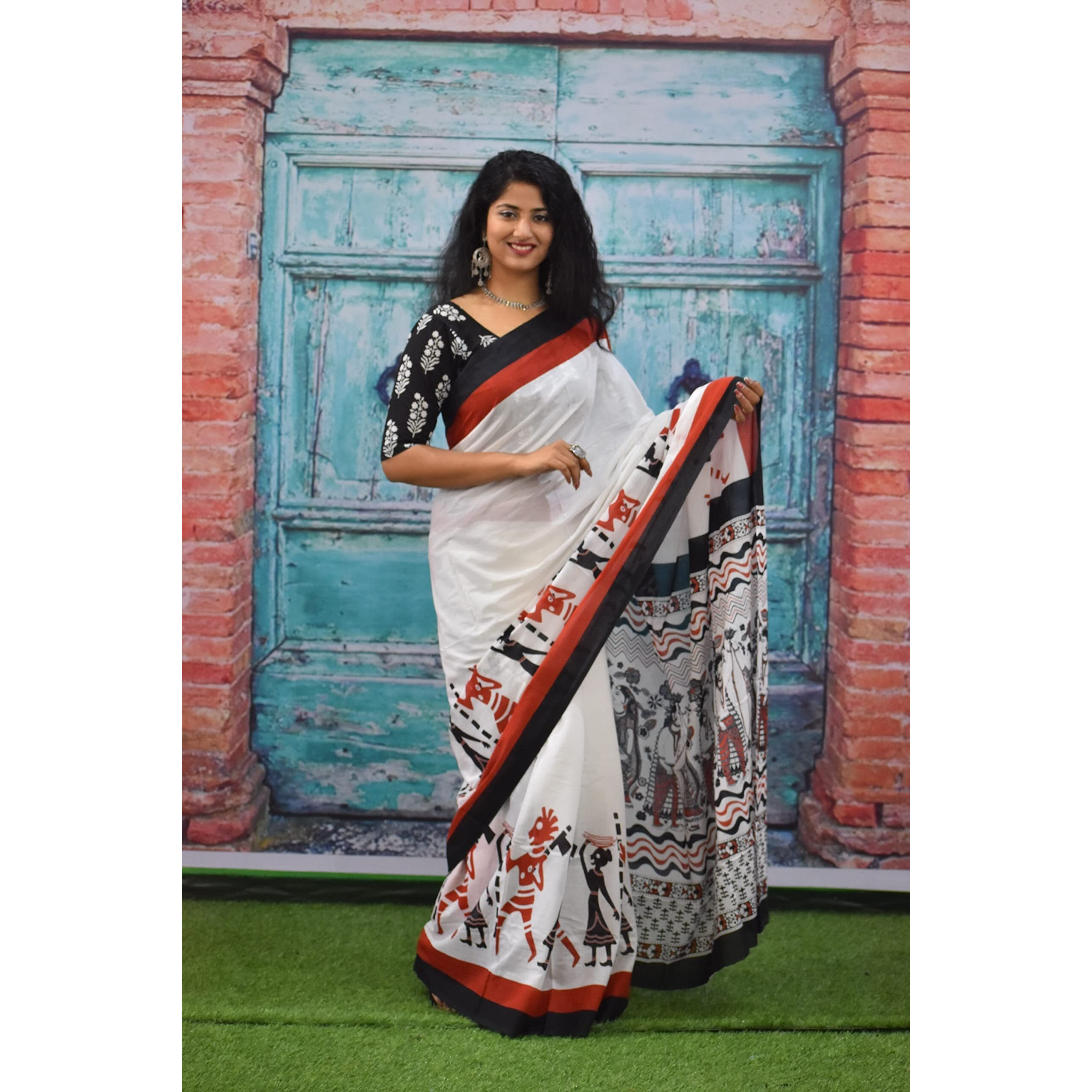 Kiaaron Womens Ikat Hand Block Print Jaipuri Cotton Mulmul Saree with Blouse Piece - Maroon_146