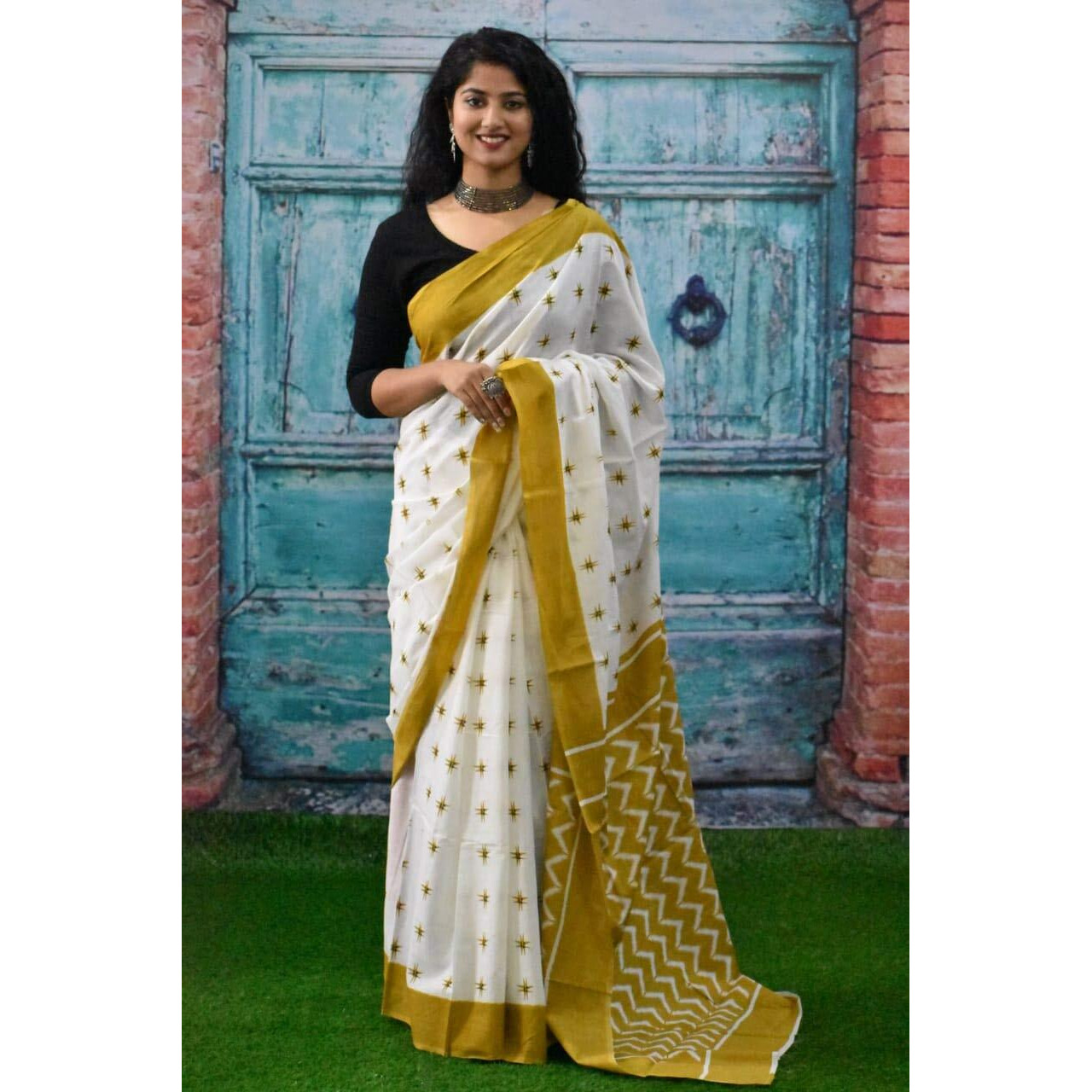 Kiaaron Womens Hand Block Kalamkari Batik Bagru Jaipuri Ikat Printed Handloom Pure Cotton Mulmul Traditional Ethnic Cotton Sarees With Printed Blouse Piece - White