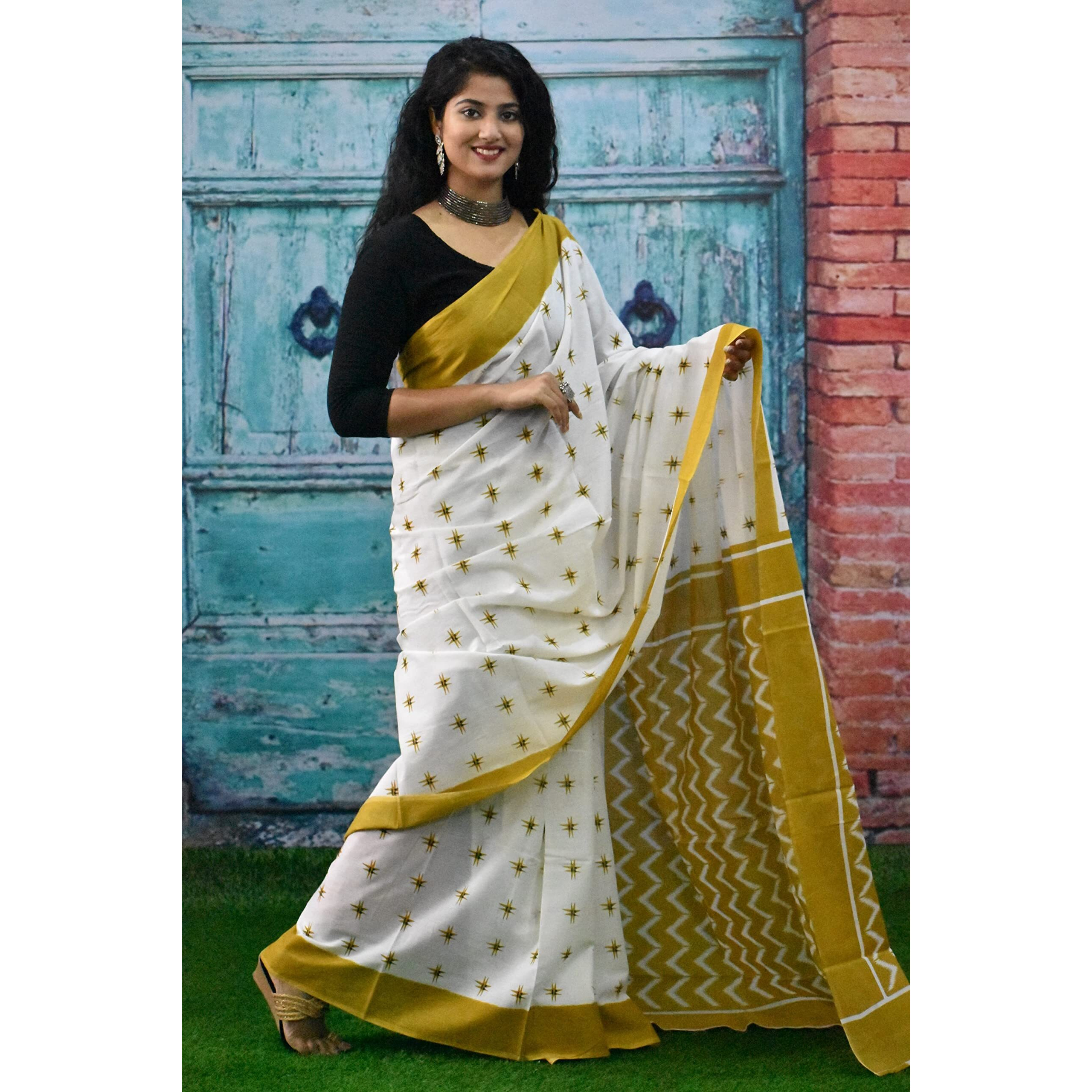 Kiaaron Womens Hand Block Kalamkari Batik Bagru Jaipuri Ikat Printed Handloom Pure Cotton Mulmul Traditional Ethnic Cotton Sarees With Printed Blouse Piece - White