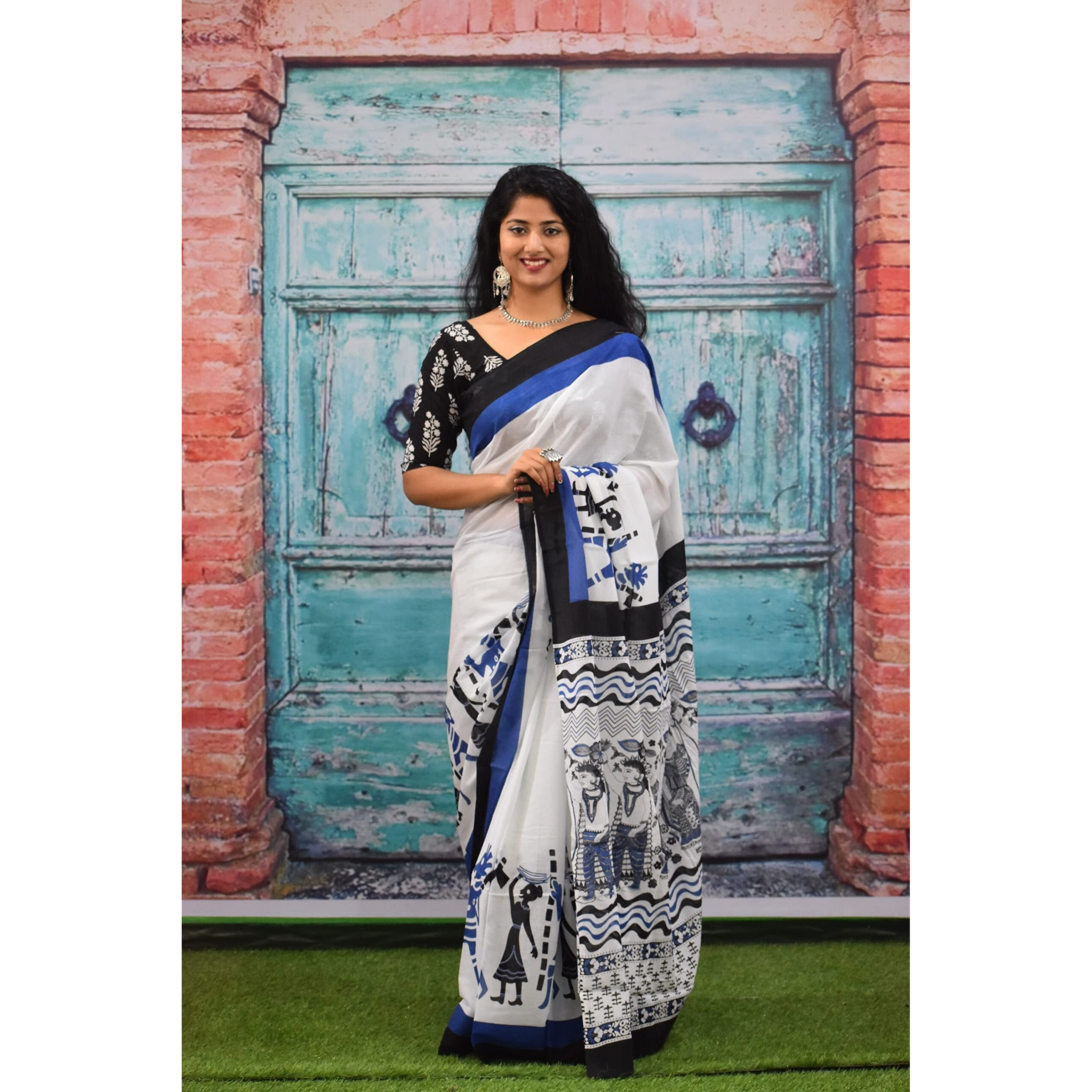 Kiaaron Womens Ikat Hand Block Print Jaipuri Cotton Mulmul Saree with Blouse Piece - Blue_148