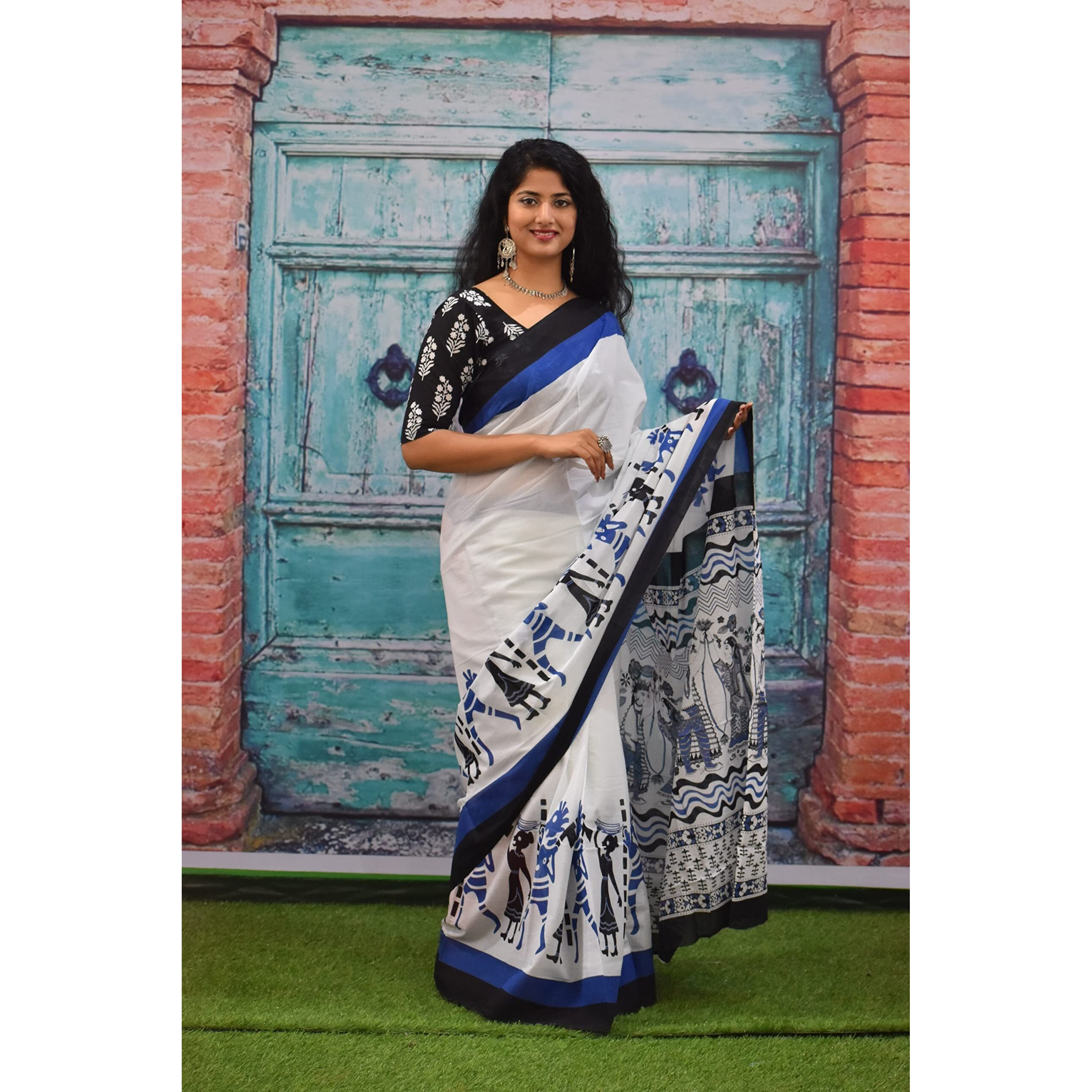 Kiaaron Womens Ikat Hand Block Print Jaipuri Cotton Mulmul Saree with Blouse Piece - Blue_148