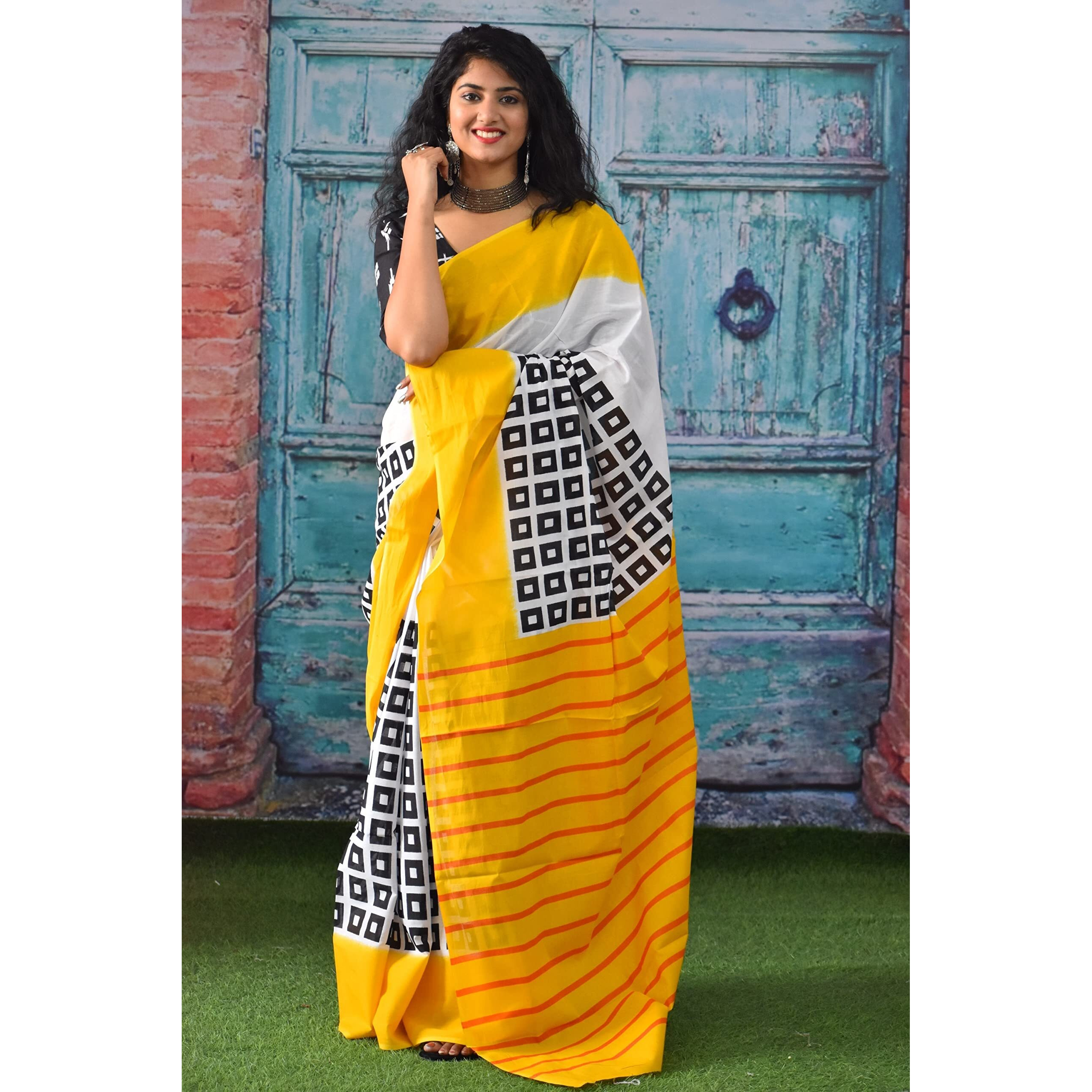 Kiaaron Womens Ikat Hand Block Print Jaipuri Cotton Mulmul Saree with Blouse Piece - Yellow_135