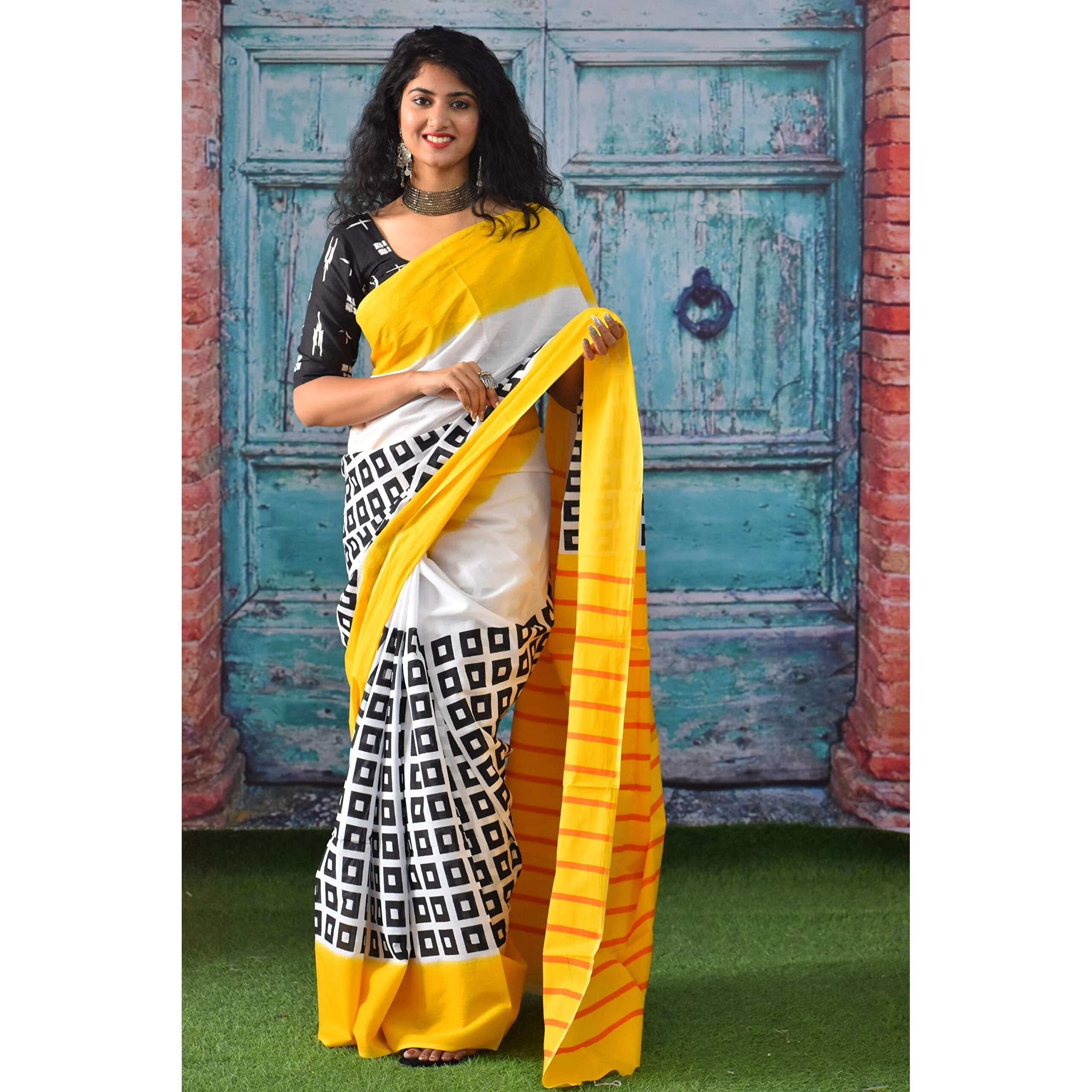 Kiaaron Womens Ikat Hand Block Print Jaipuri Cotton Mulmul Saree with Blouse Piece - Yellow_135