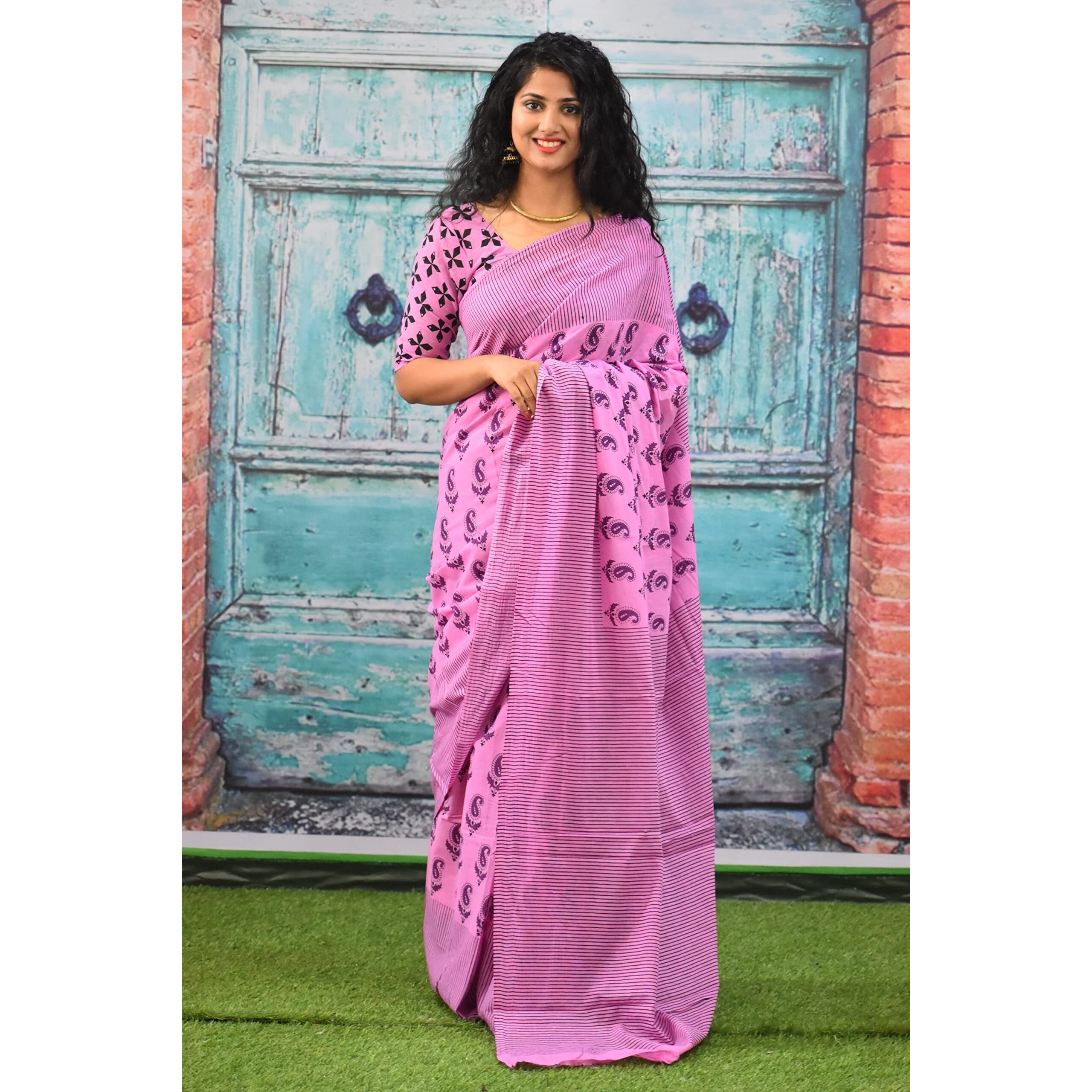 Kiaaron Womens Ikat Hand Block Print Jaipuri Cotton Mulmul Saree with Blouse Piece - Black_127
