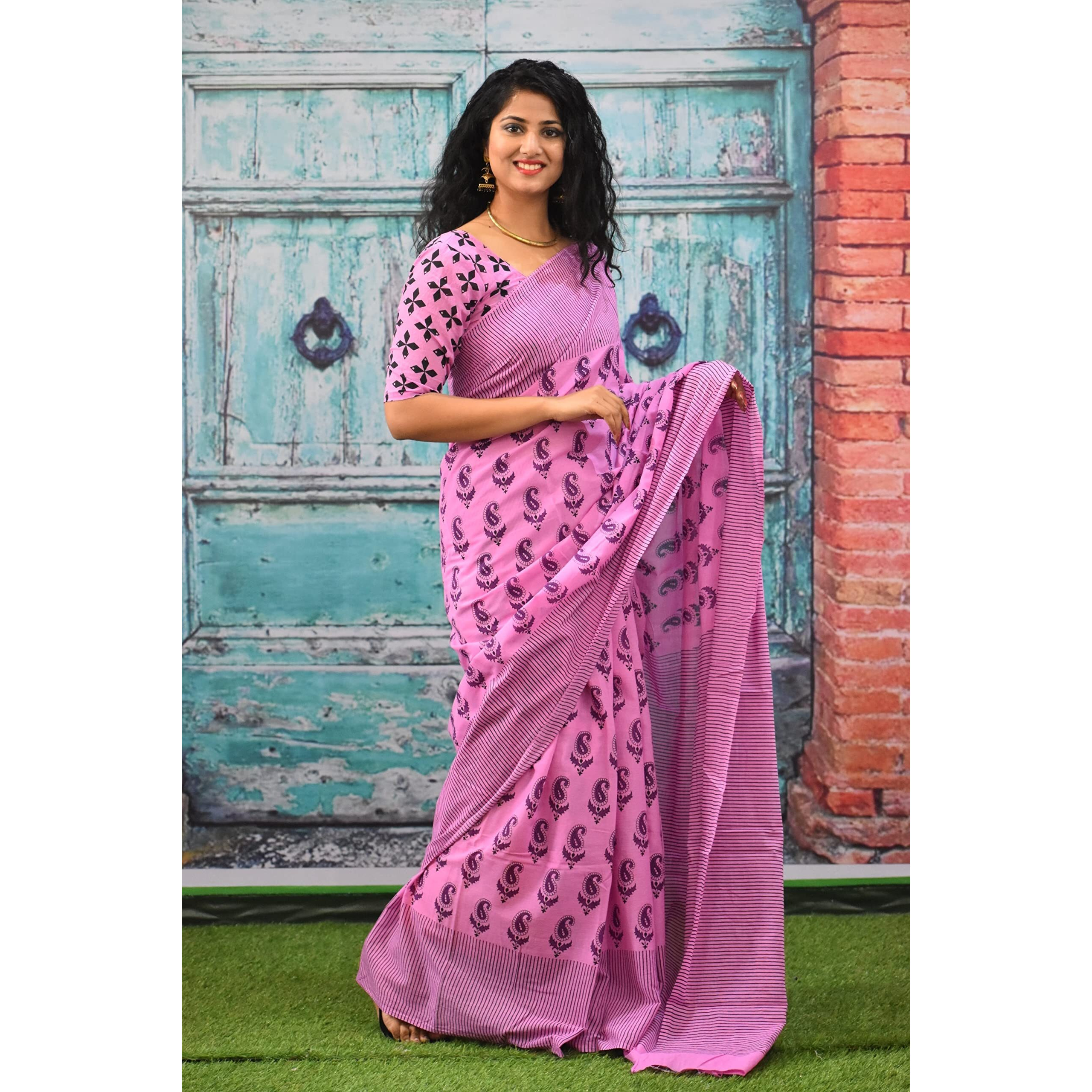 Kiaaron Womens Ikat Hand Block Print Jaipuri Cotton Mulmul Saree with Blouse Piece - Black_127