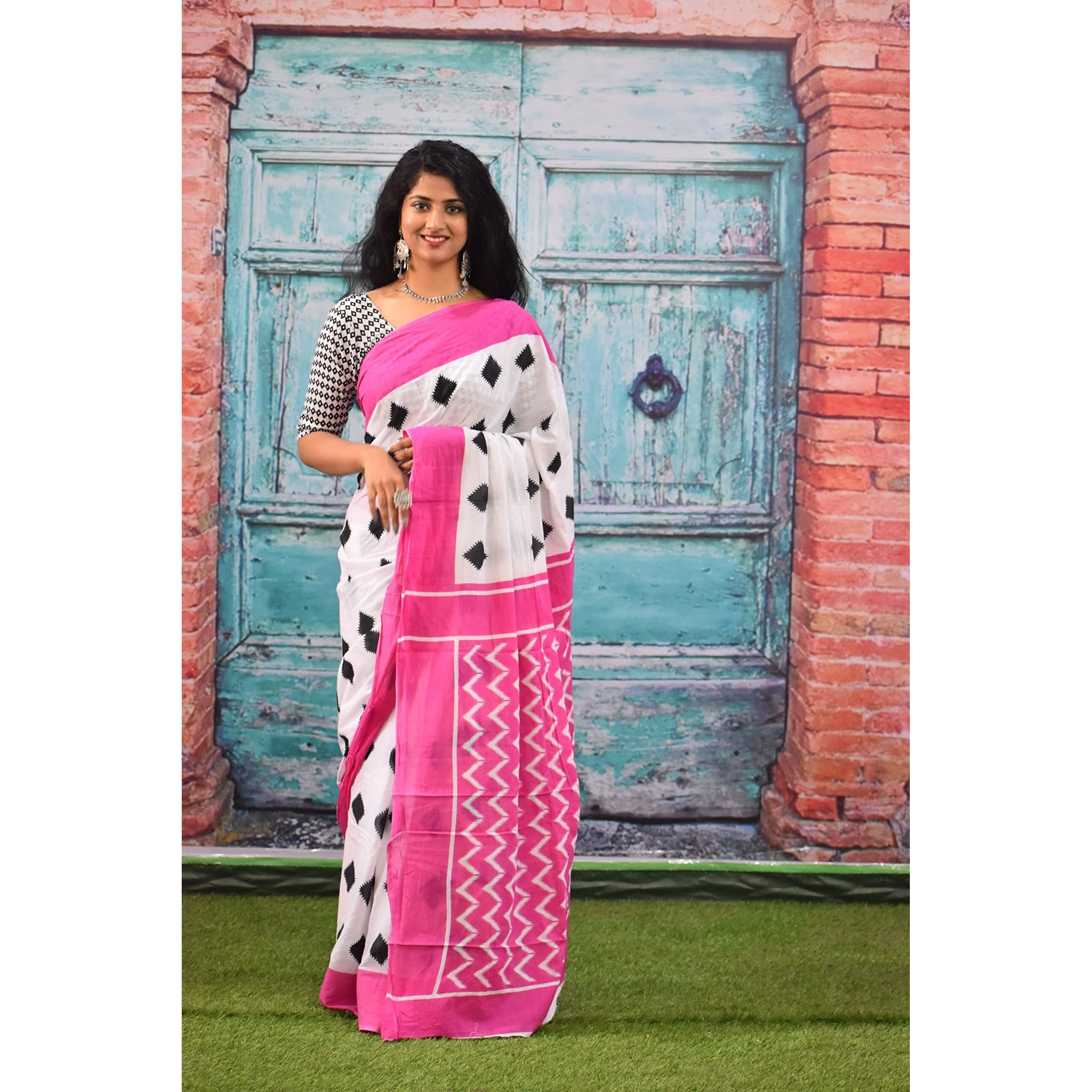 Kiaaron Womens Ikat Hand Block Print Jaipuri Cotton Mulmul Saree with Blouse Piece - Pink_130