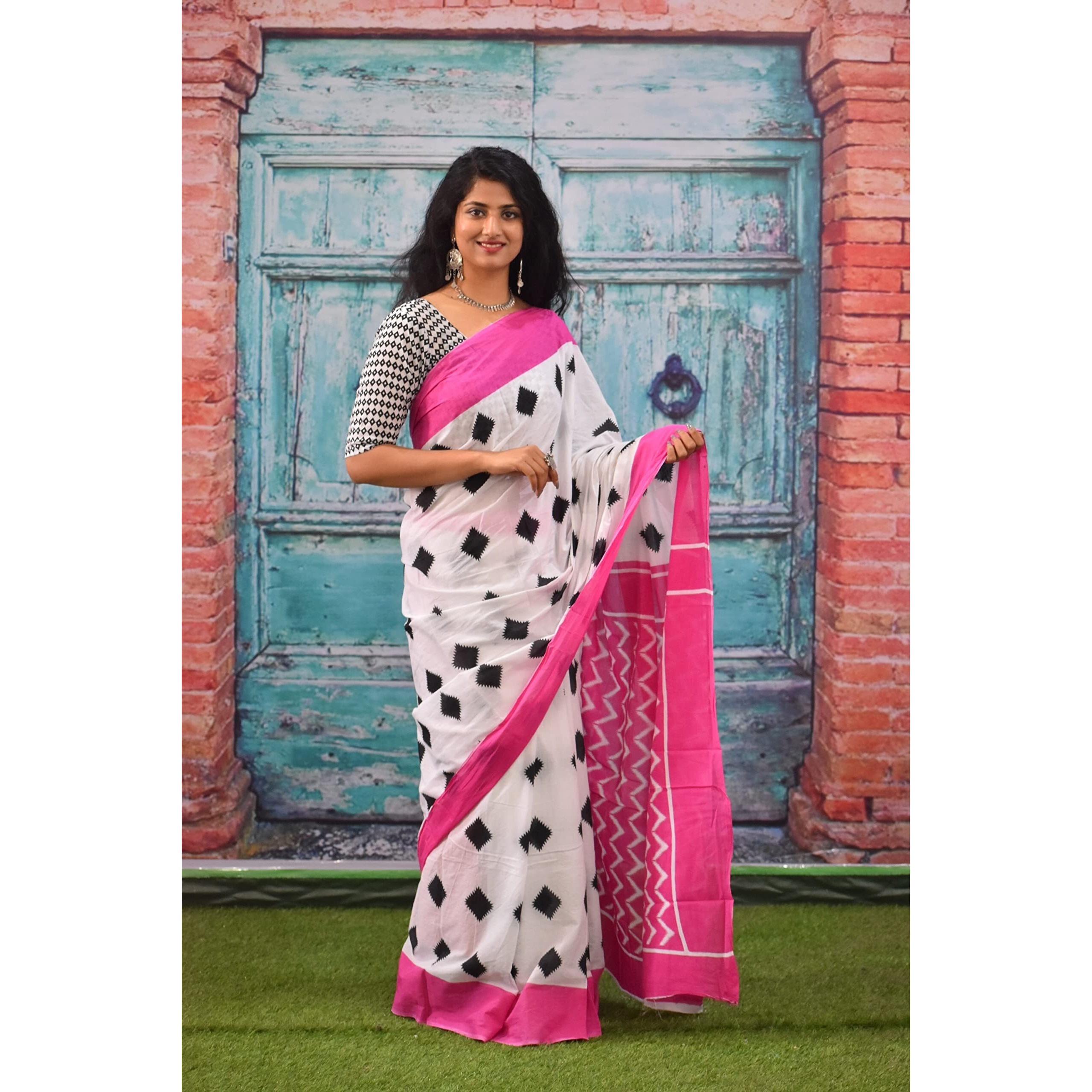 Kiaaron Womens Ikat Hand Block Print Jaipuri Cotton Mulmul Saree with Blouse Piece - Pink_130