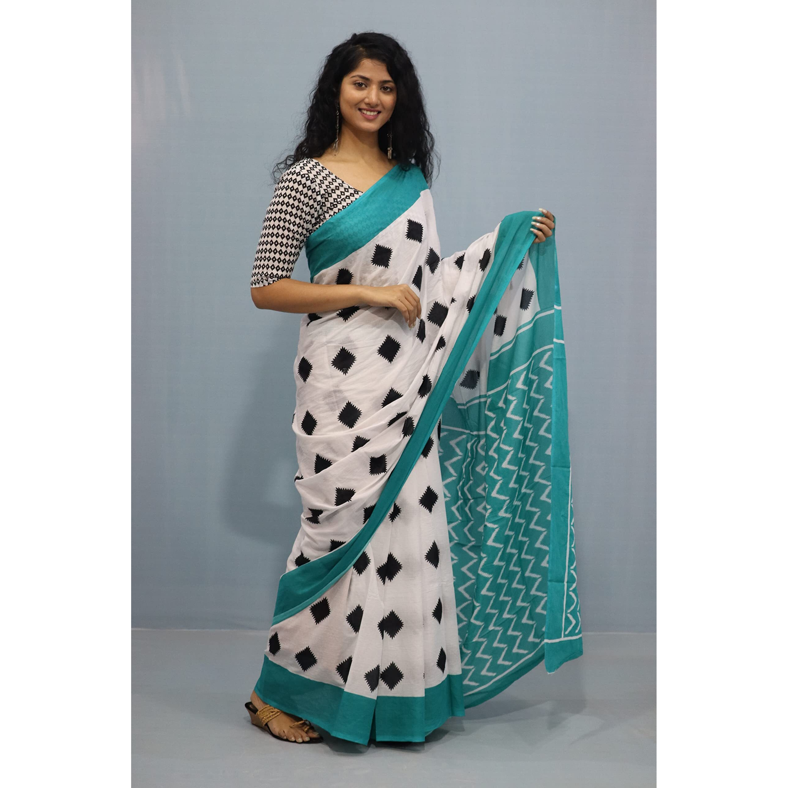 Kiaaron Womens Ikat Hand Block Print Jaipuri Cotton Mulmul Saree with Blouse Piece - White_128