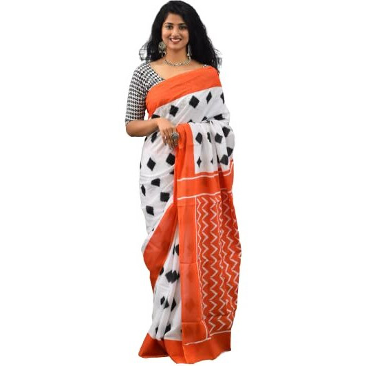 Kiaaron Womens Ikat Hand Block Print Jaipuri Cotton Mulmul Saree with Blouse Piece - White_129